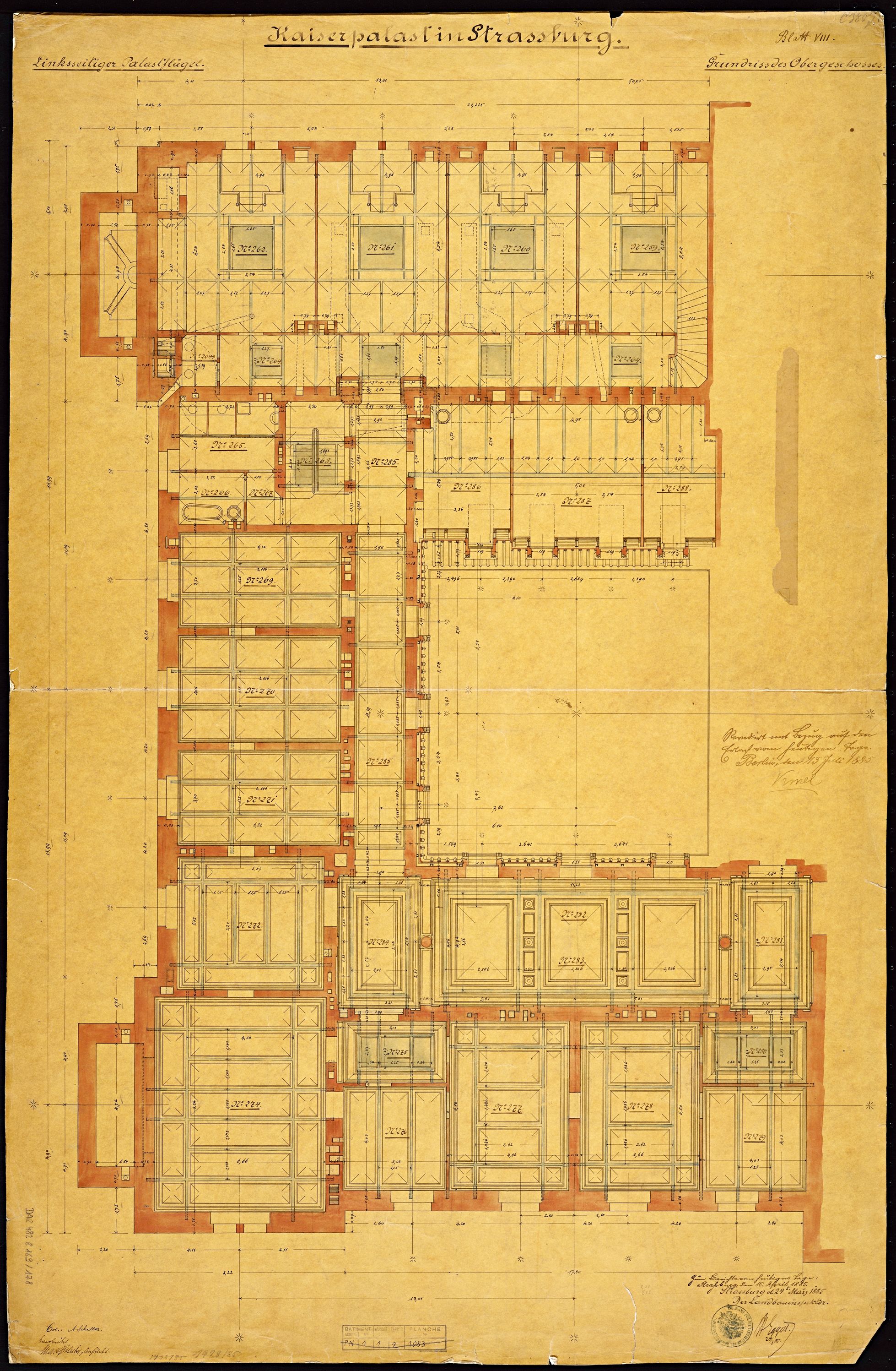 Aile sud, plan de masse des plafonds du deuxième étage.