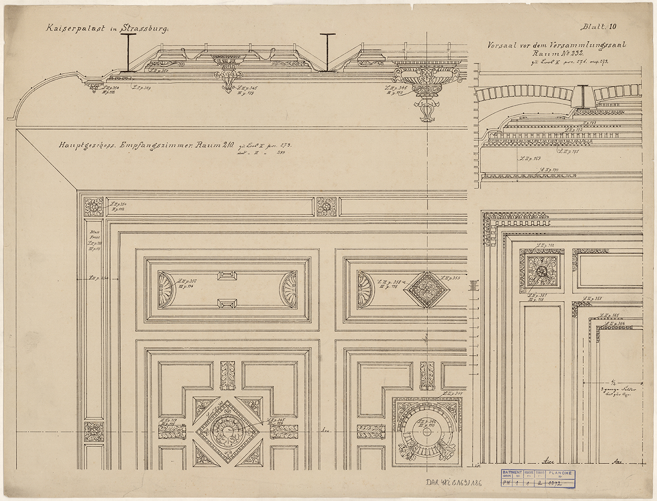 Salon de réception de l'Impératrice et antichambre de la salle de réunion, élévations et coupes des plafonds.