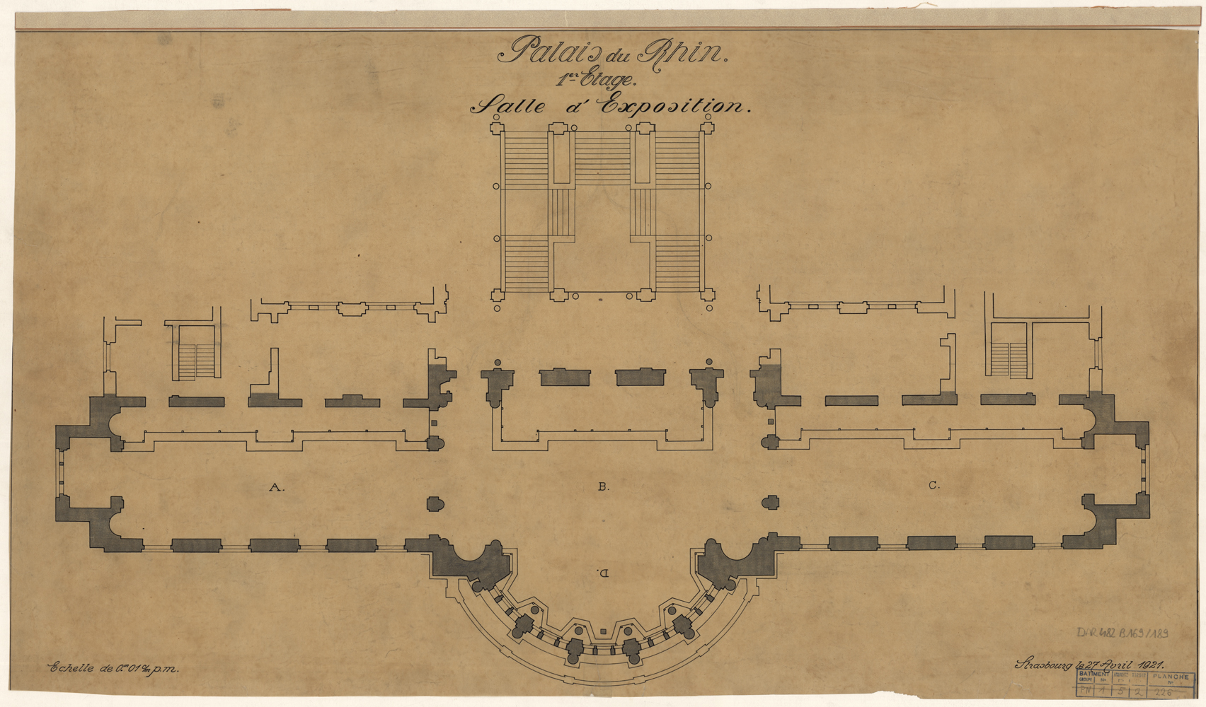 Ecole régionale d’architecture, plan de masse de la salle d’exposition sur les jardins.