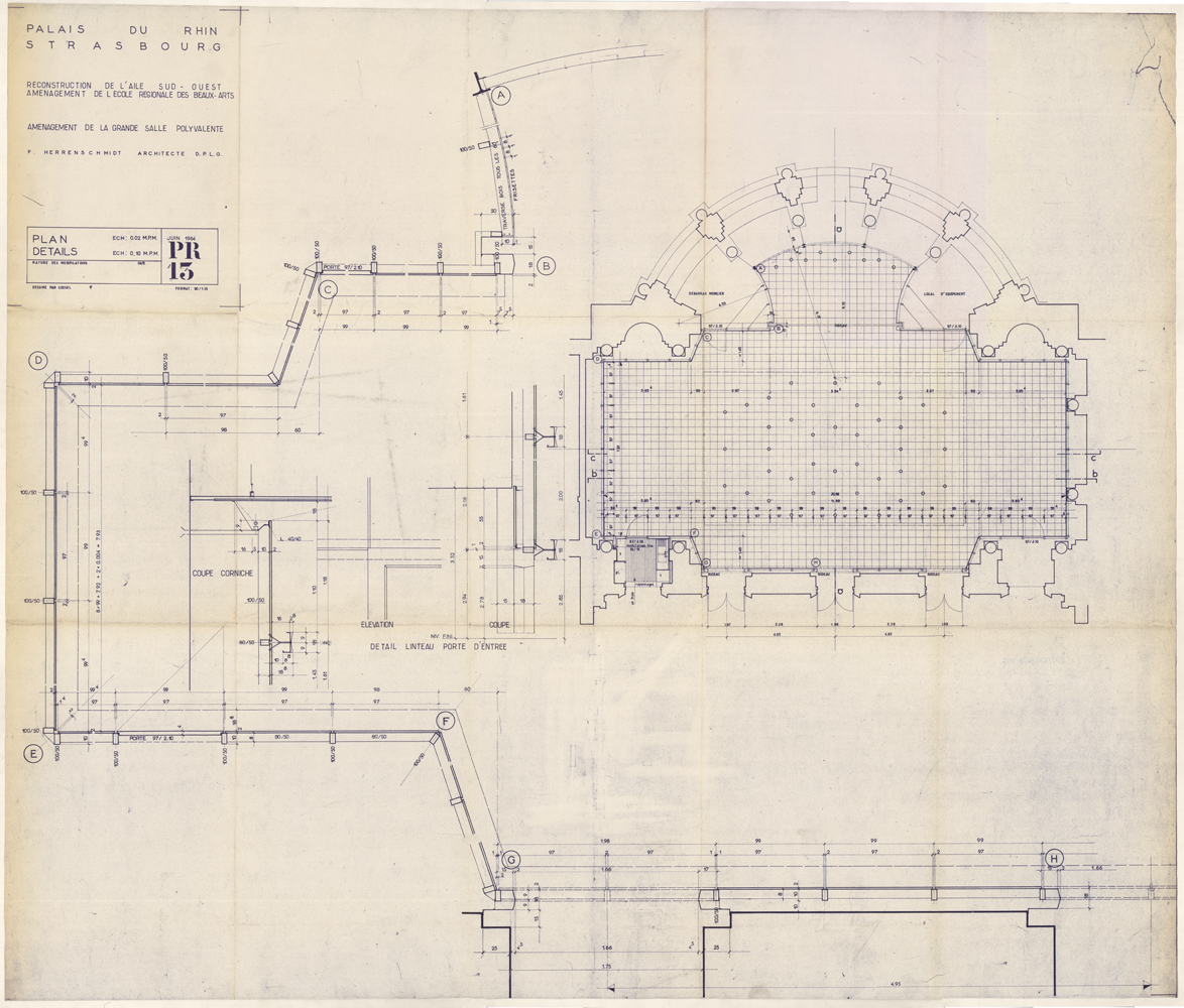 Projet d’aménagement d’une salle polyvalente pour l’école régionale des Beaux-arts, plan de masse et détails.