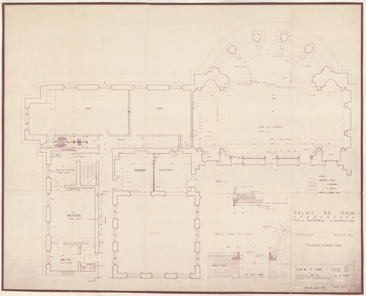 Projet de transformations pour l’école nationale d’architecture, plans de l’angle sud-ouest du premier étage.