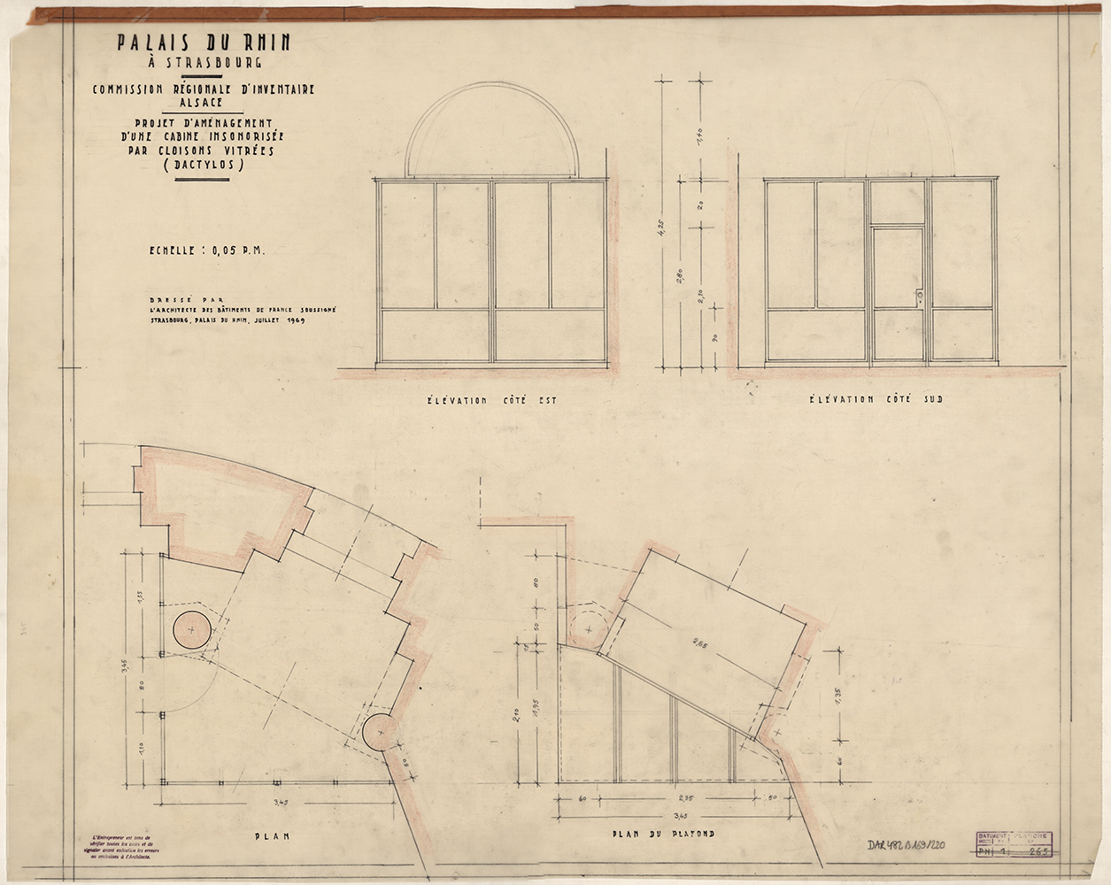 Projet d'aménagement d'une cabine insonorisée, plans et élévations de la grande salle ouest du rez-de-chaussée.