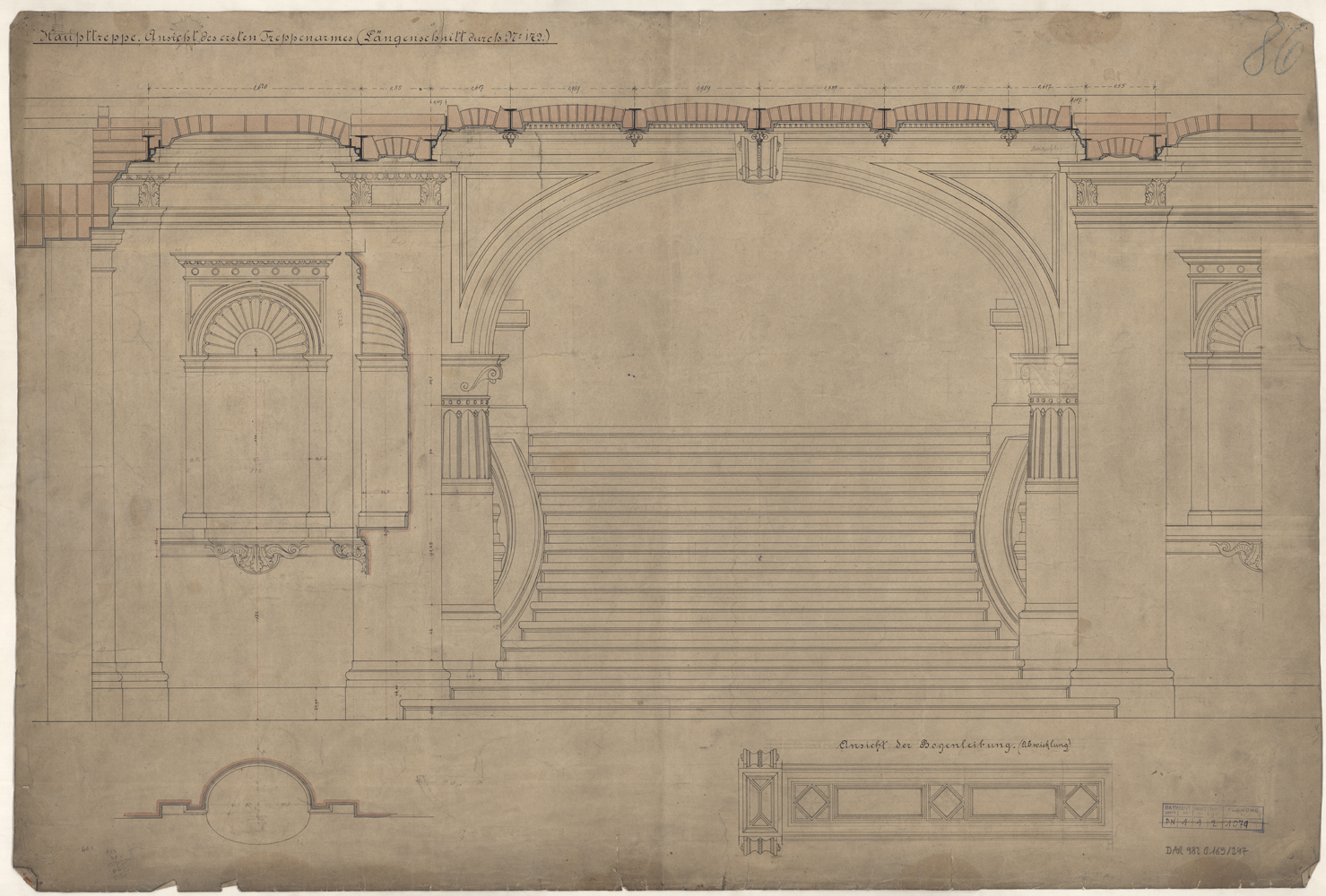 Escalier d’honneur, élévation et détails du départ de l’escalier.