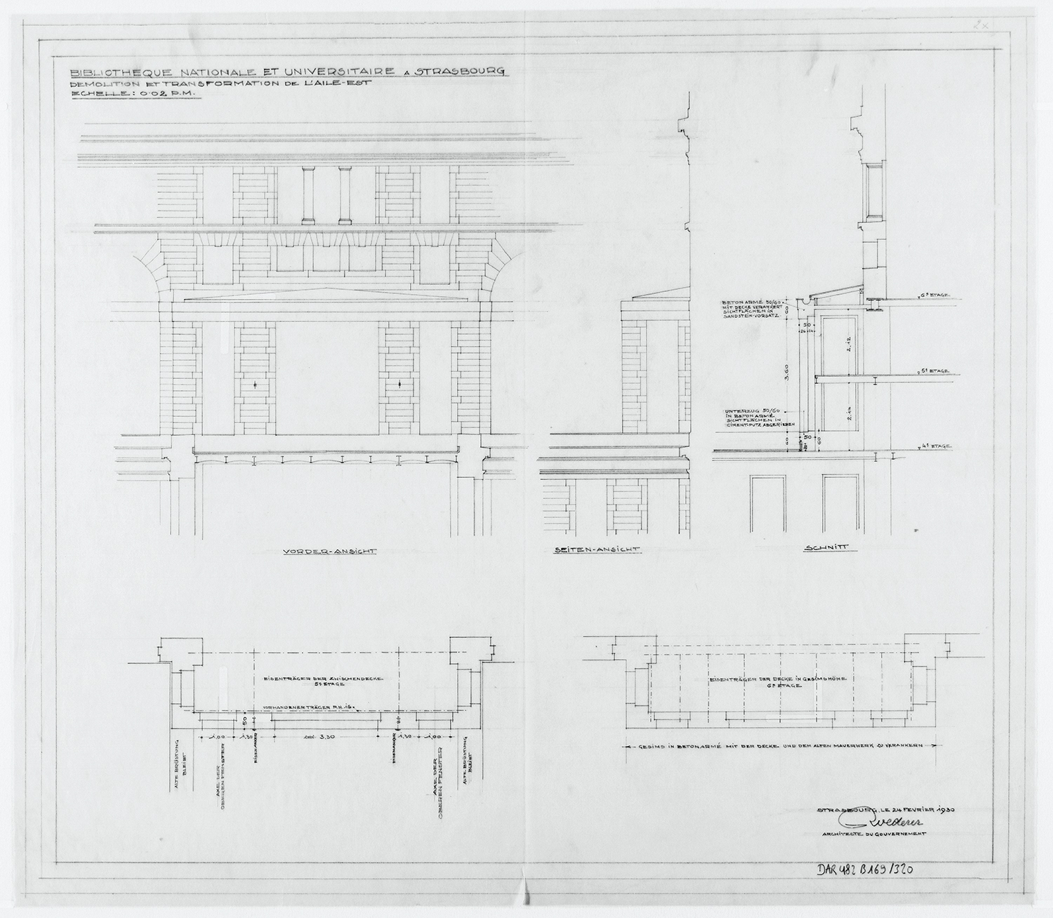 Transformation de l’aile est, élévations principale et latérale d’une travée, coupe transversale et plans de masse du plafond et de la corniche.