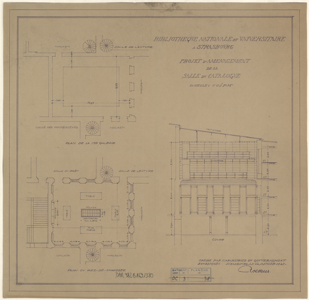 Projet d’aménagement de la salle du catalogue, plans de masse et coupe.