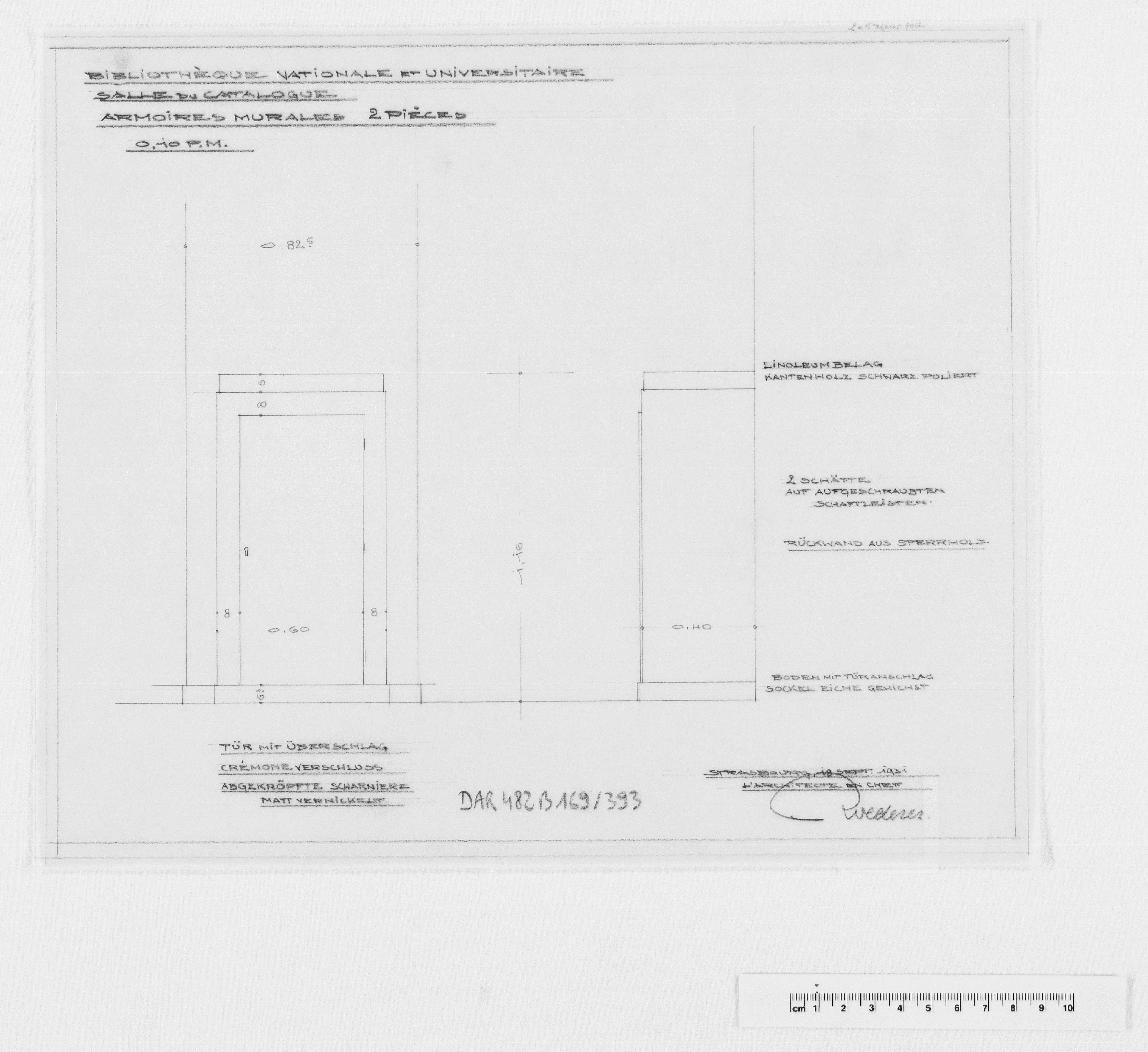 Salle du catalogue, élévations d’une armoire murale.