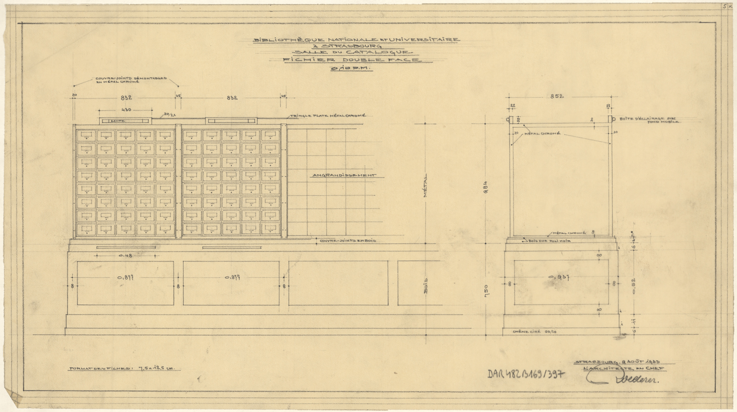 Salle du catalogue, élévations d’un meuble fichier.