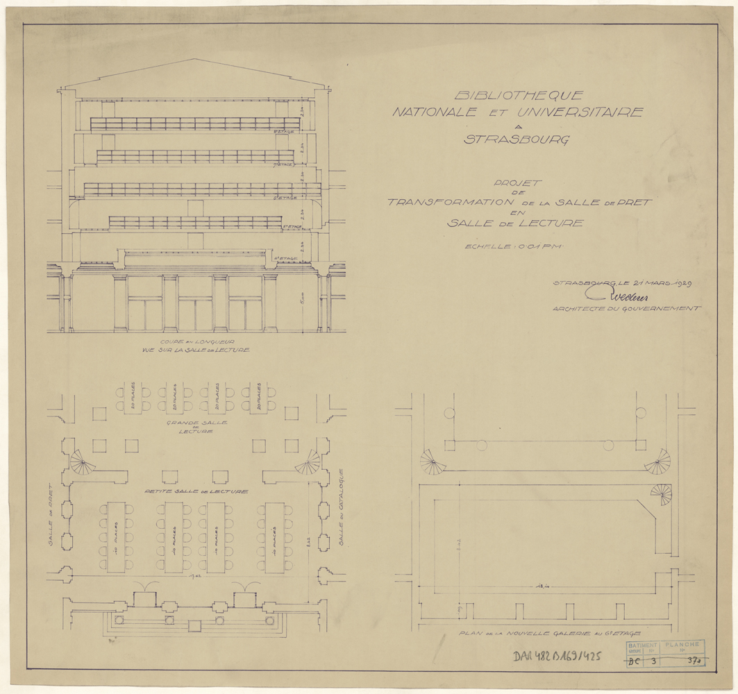 Transformation de la salle de prêt en salle de lecture, plans et coupe.