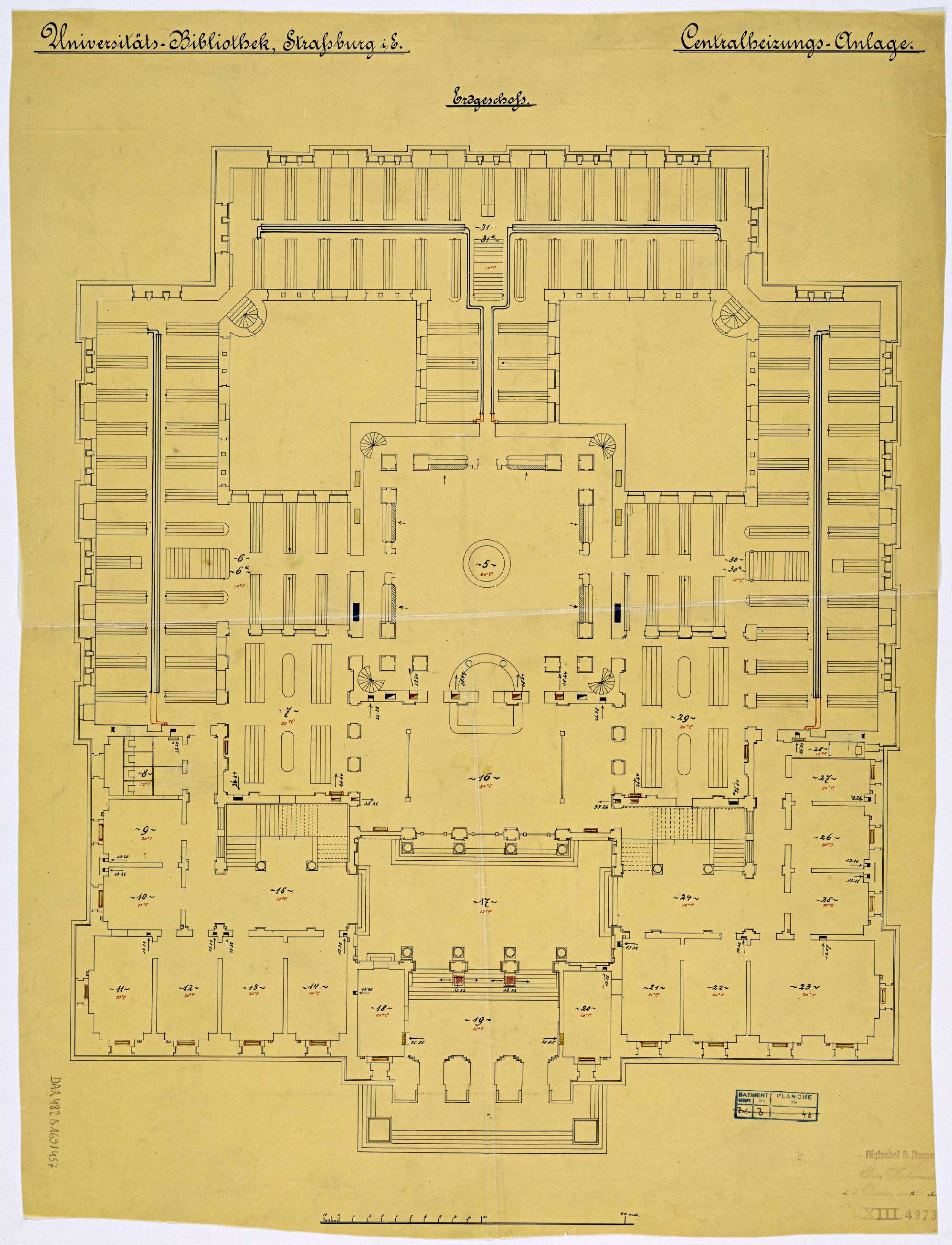 Système de chauffage central, plan de masse du rez-de-chaussée.