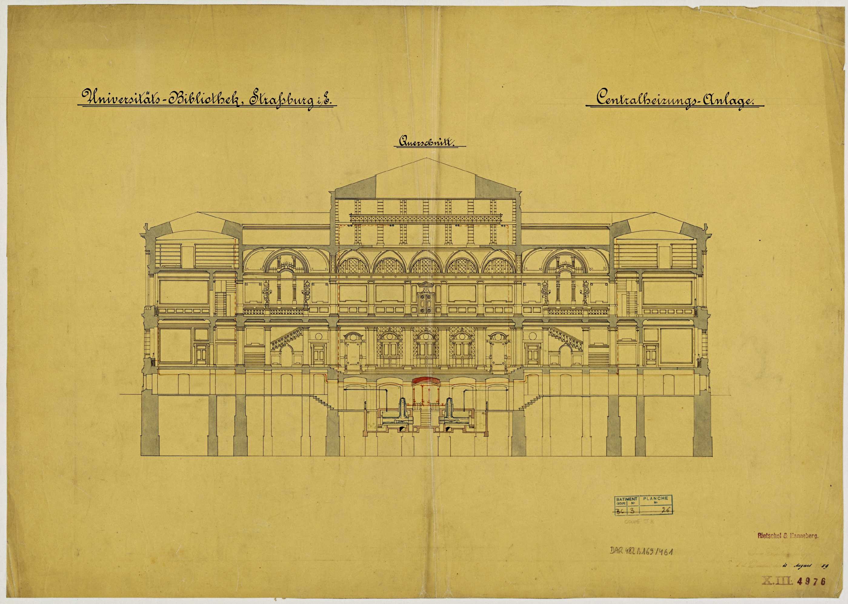 Vestibule et système de chauffage central, coupe longitudinale.