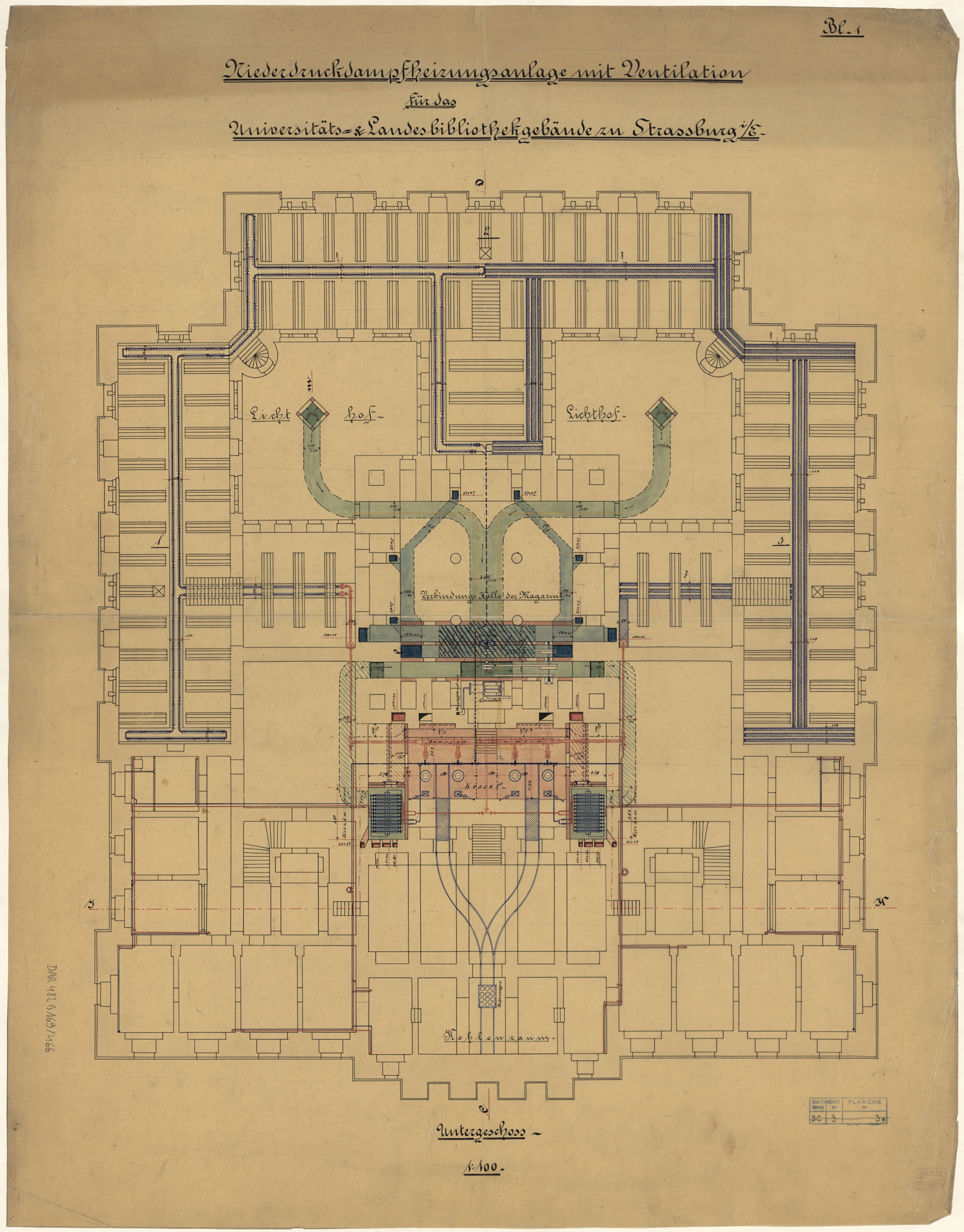 Projet de chauffage central à basse pression, plan de masse du du sous-sol.