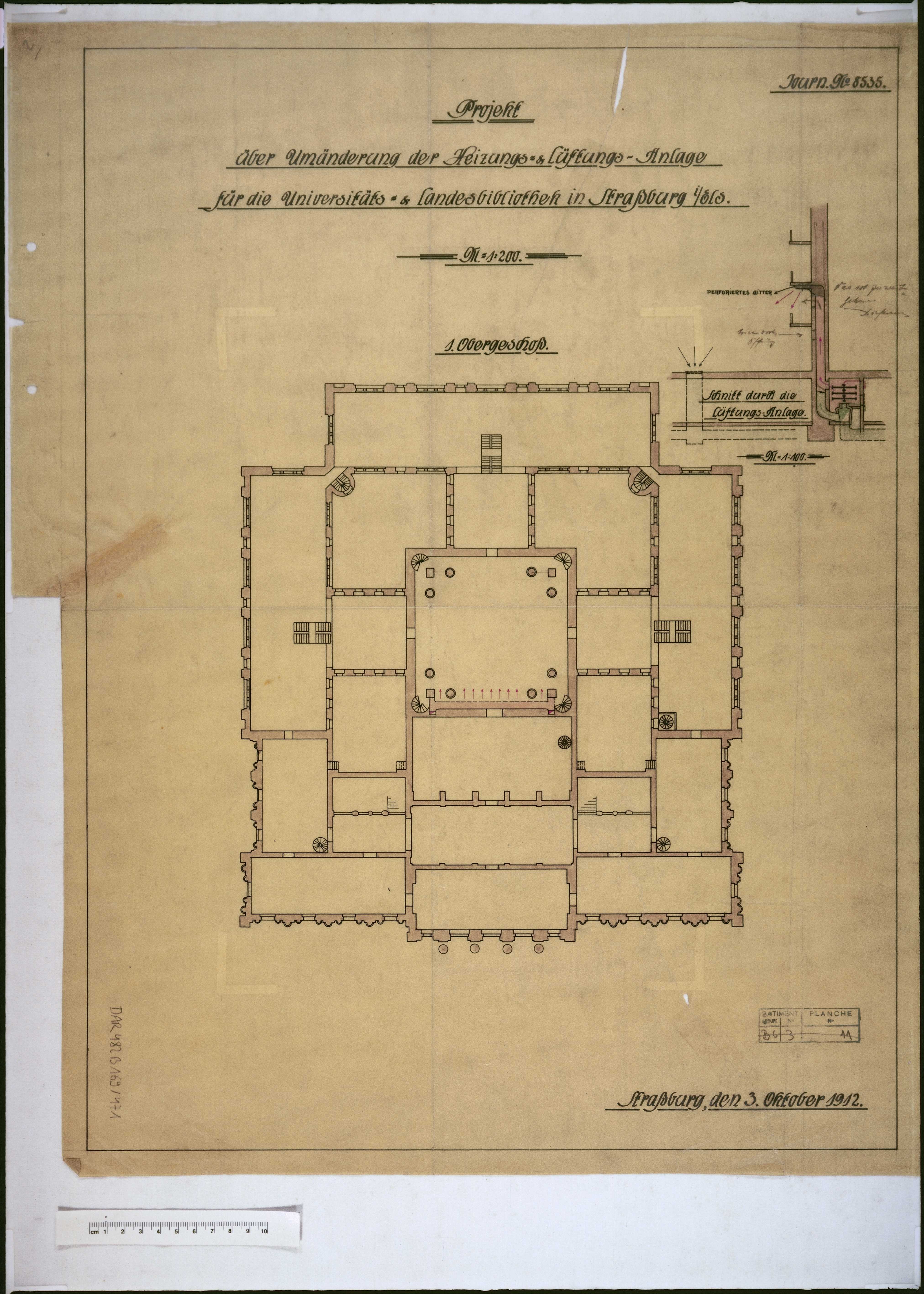 Projet de modification des installations de chauffage et de ventilation, plan de masse du premier étage et coupe sur le système de ventilation.