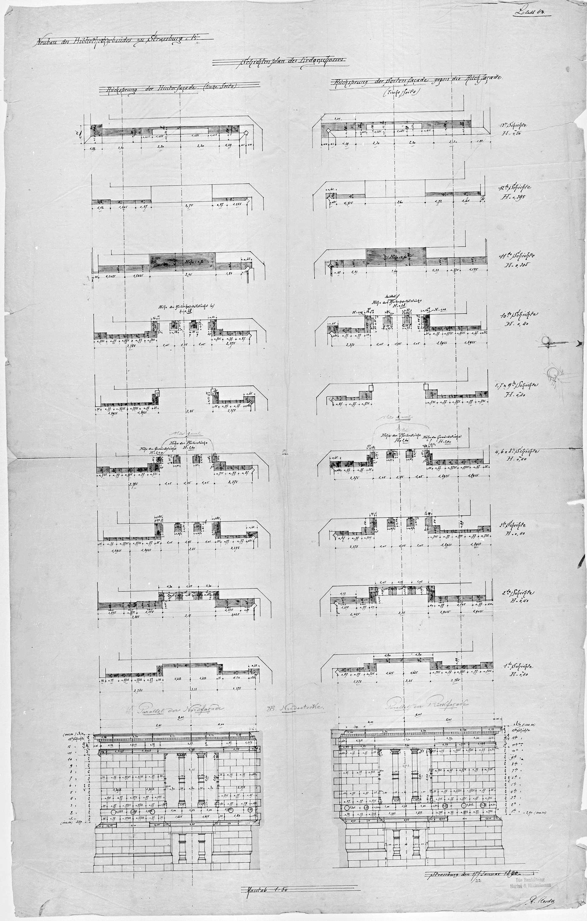 Façade de l’angle nord-est, plans des couches stratigraphiques et élévations.