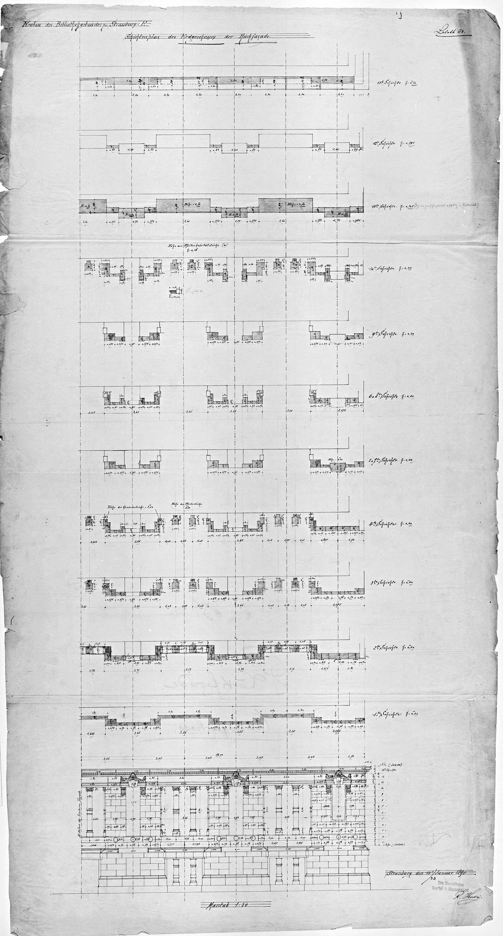 Façade est, plans des couches stratigraphiques et élévation partielle du rez-de-chaussée.