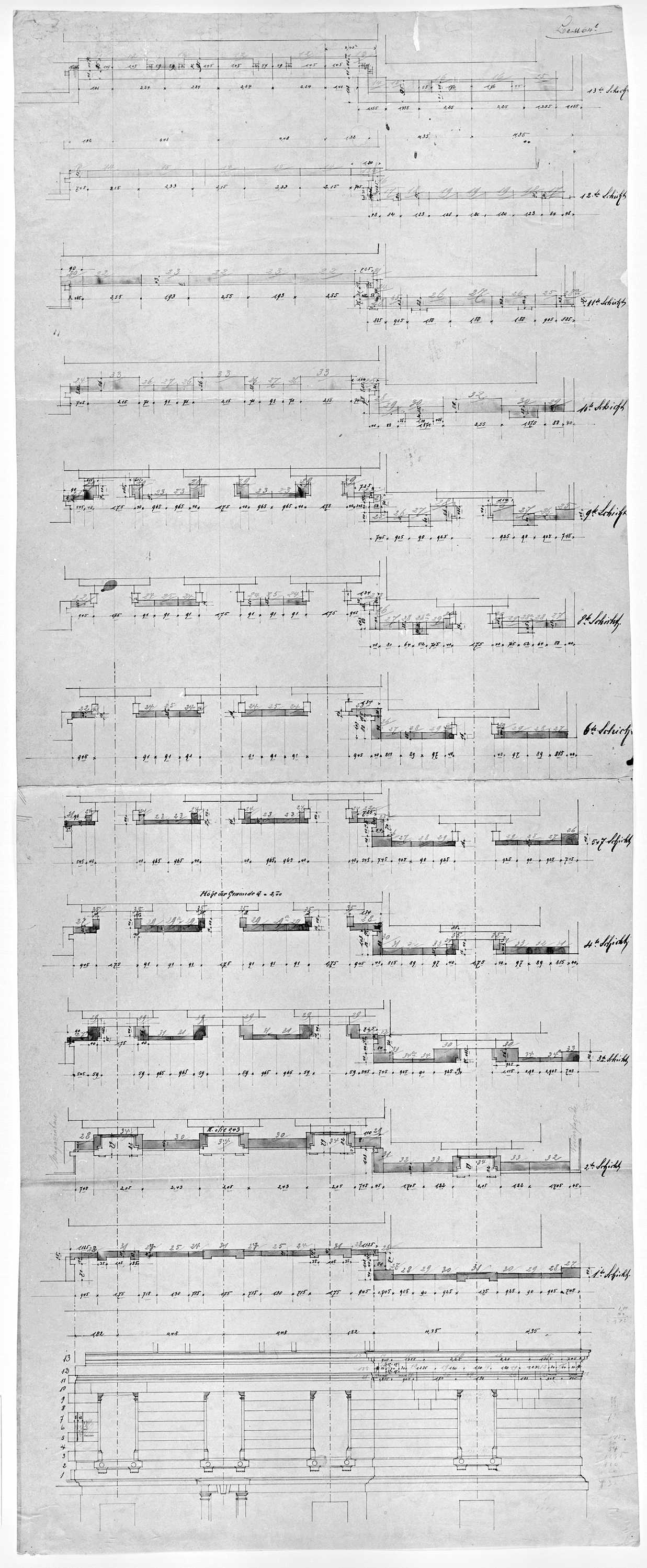 Façade nord, plans des couches stratigraphiques et élévation partielle du rez-de-chaussée.