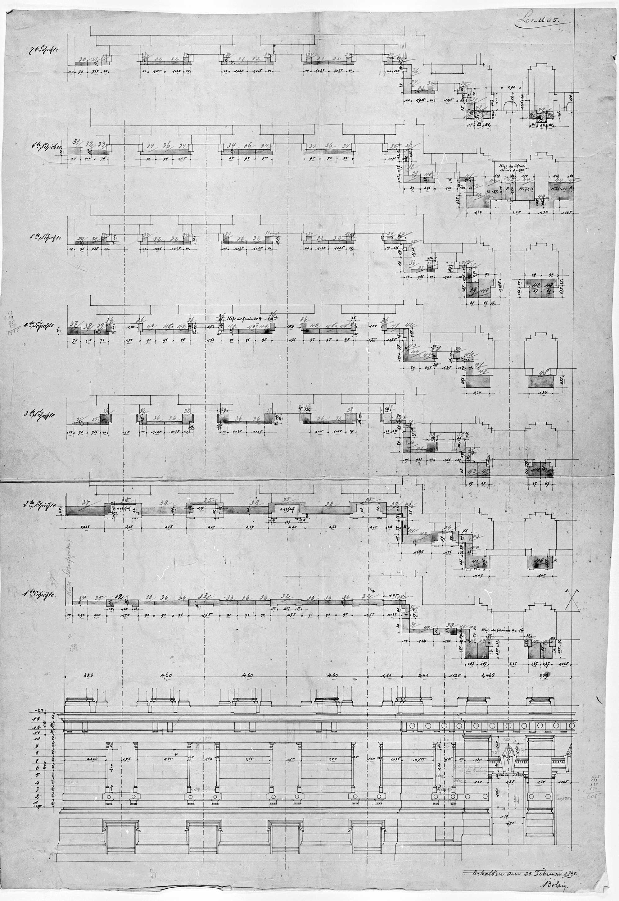 Façade principale, plans des couches stratigraphiques et élévation partielle du rez-de-chaussée.