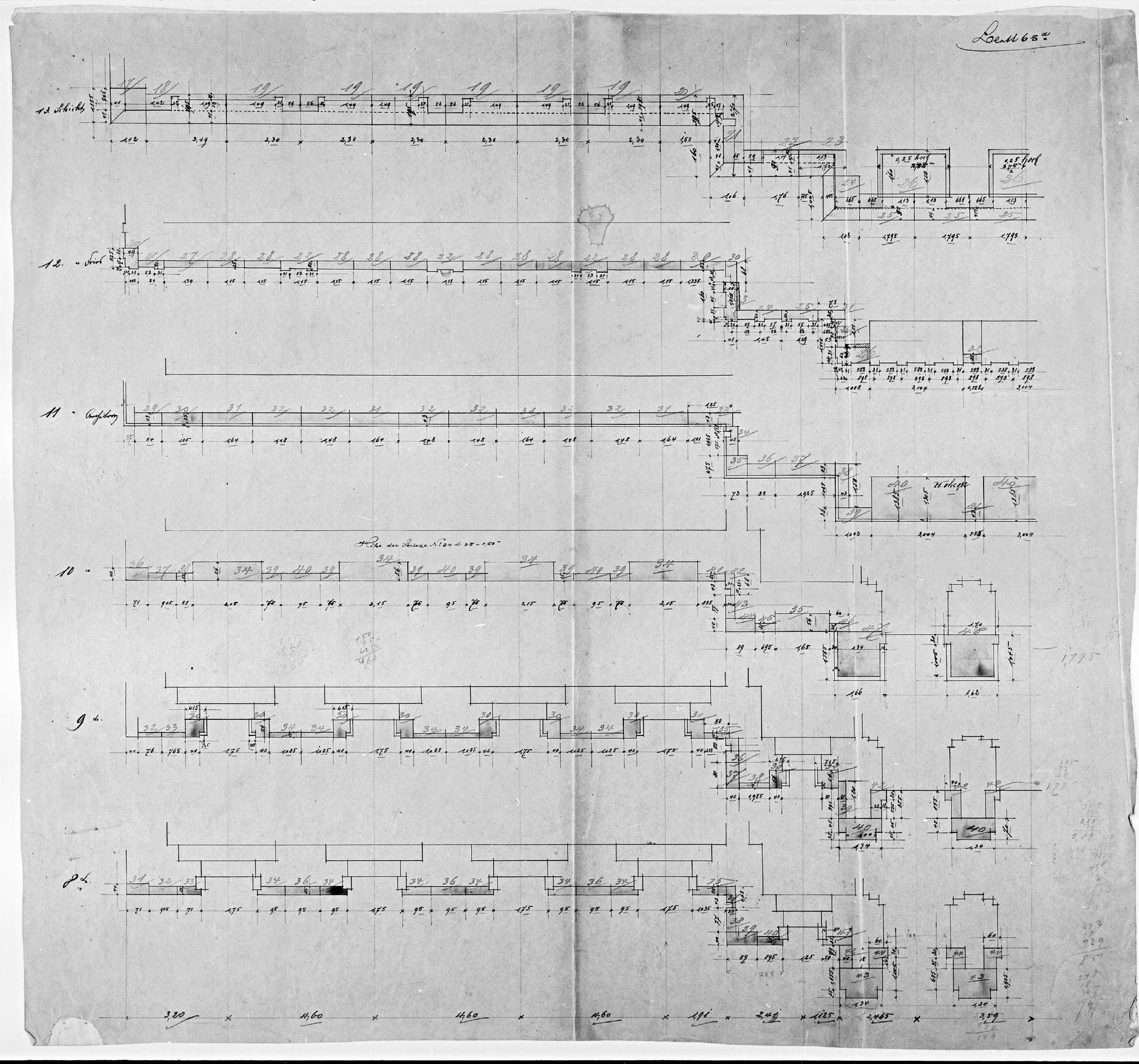 Façade principale, plans des couches stratigraphiques et élévation partielle du rez-de-chaussée.