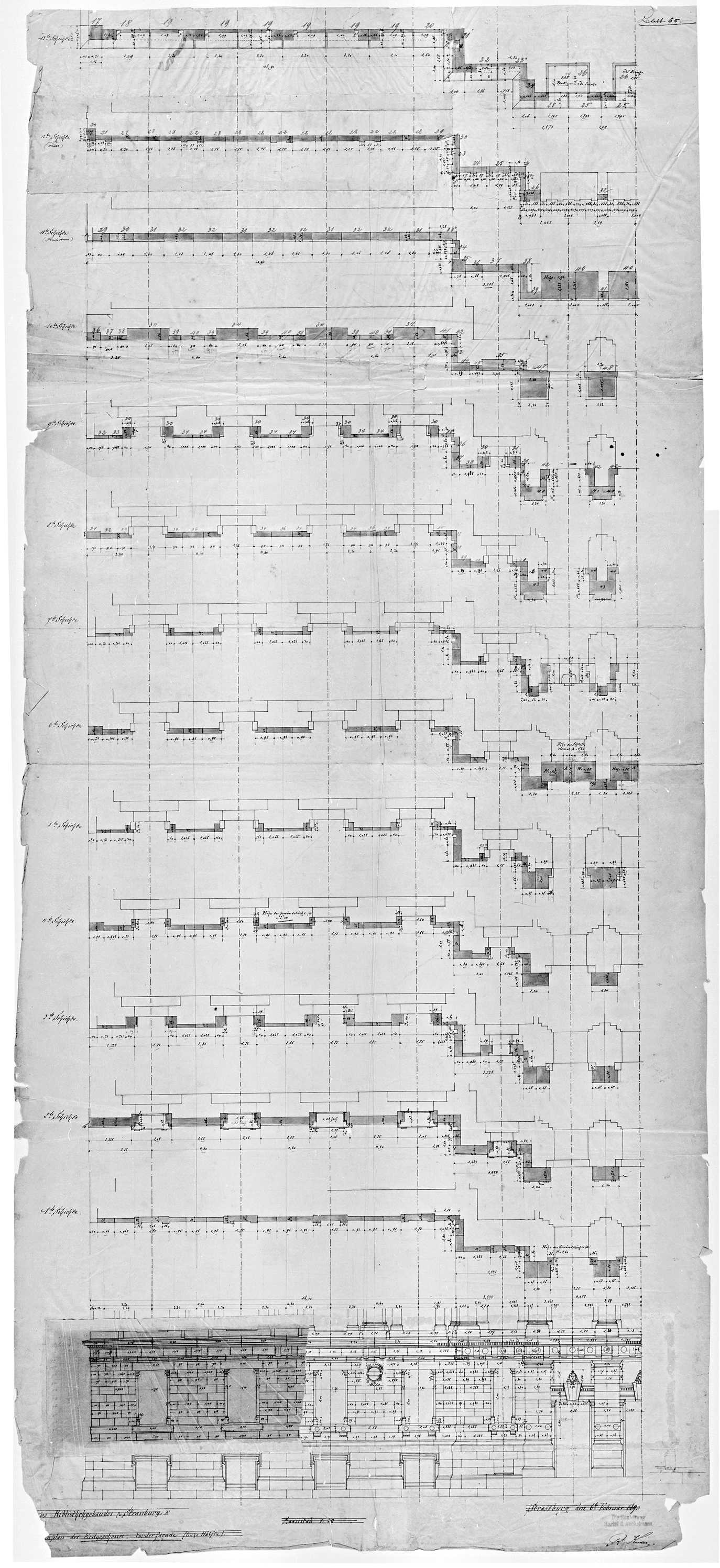 Façade principale, plans des couches stratigraphiques et élévation partielle du rez-de-chaussée.