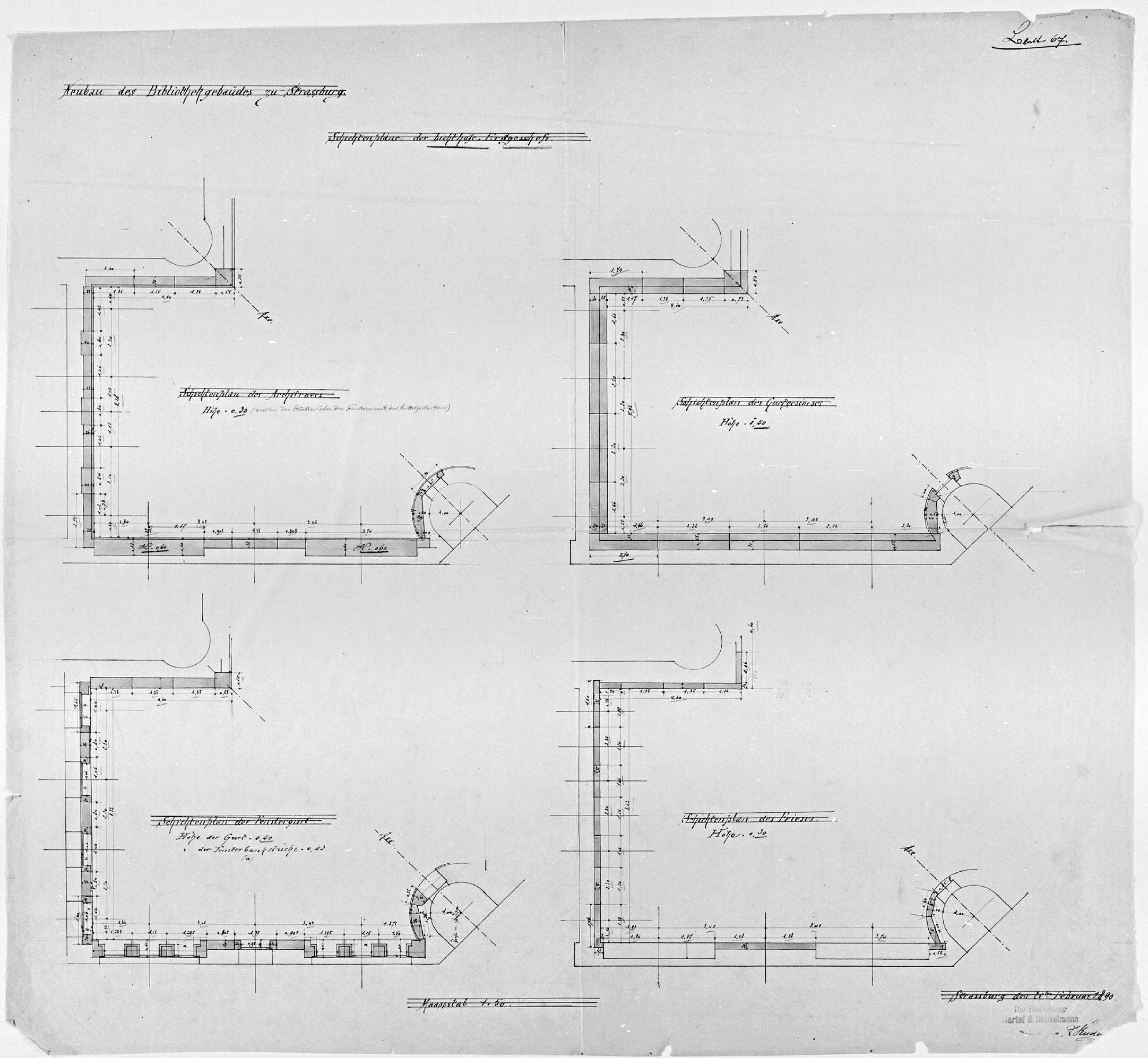 Verrière du rez-de-chaussée, plans des architrave, corniche, linteau et frise.