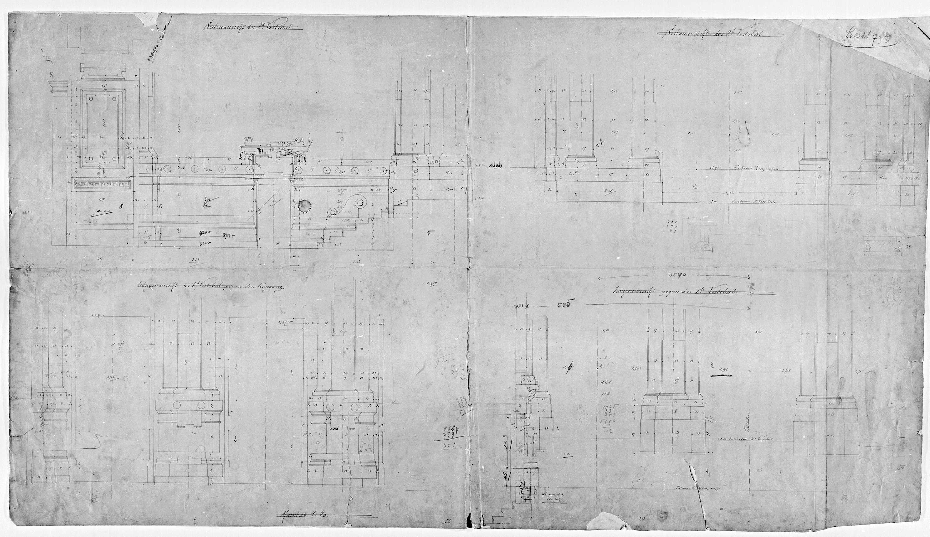 Premier et deuxième vestibules, élévations et détails des bases des colonnes.