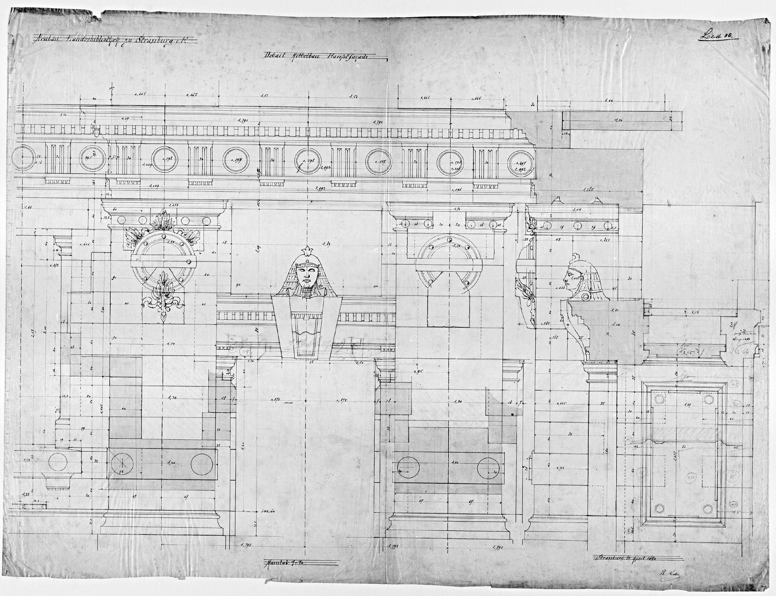 Façade principale, plan et élévations d’une porte.