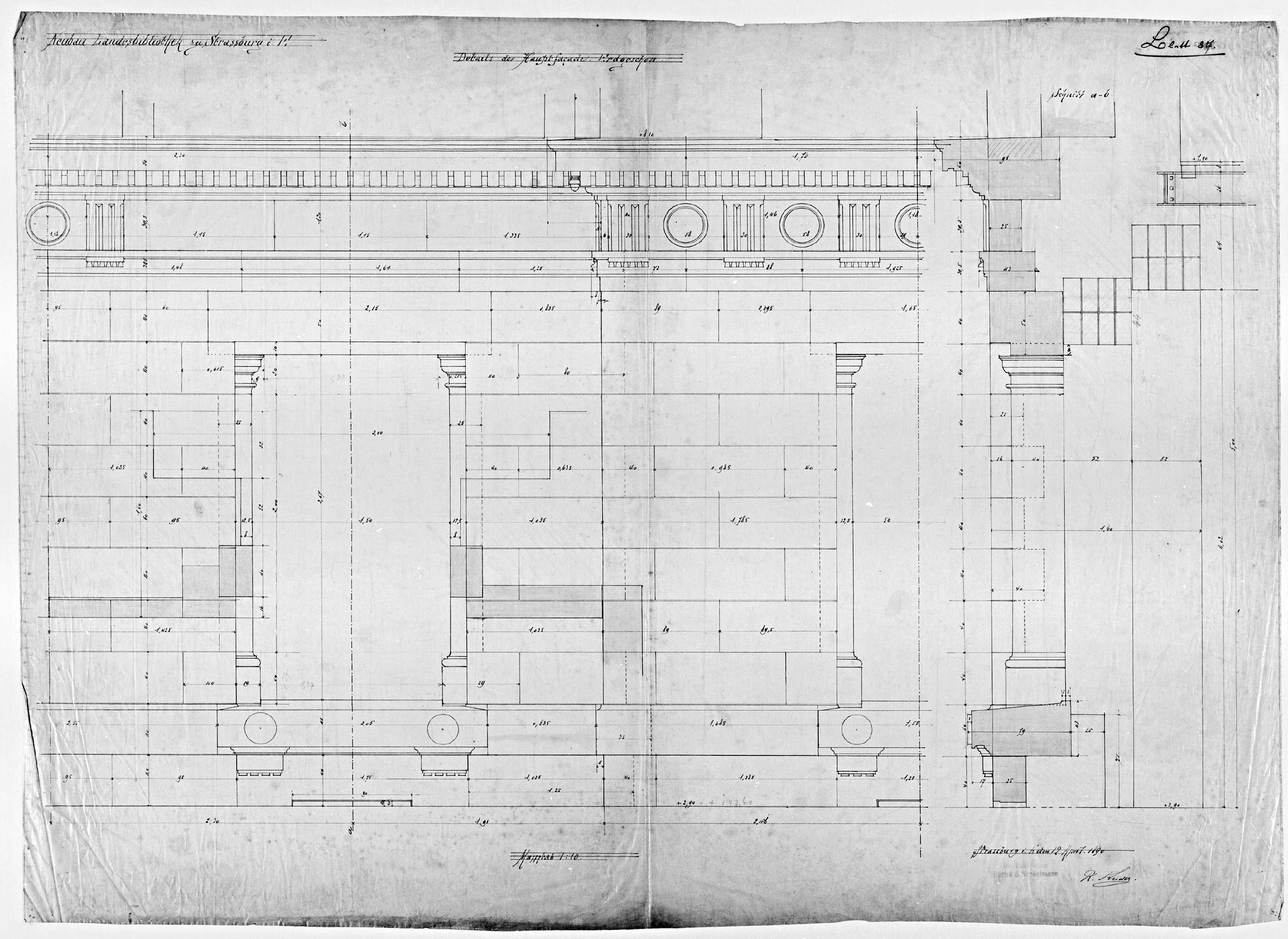 Façade principale, élévation et coupe du rez-de-chaussée.