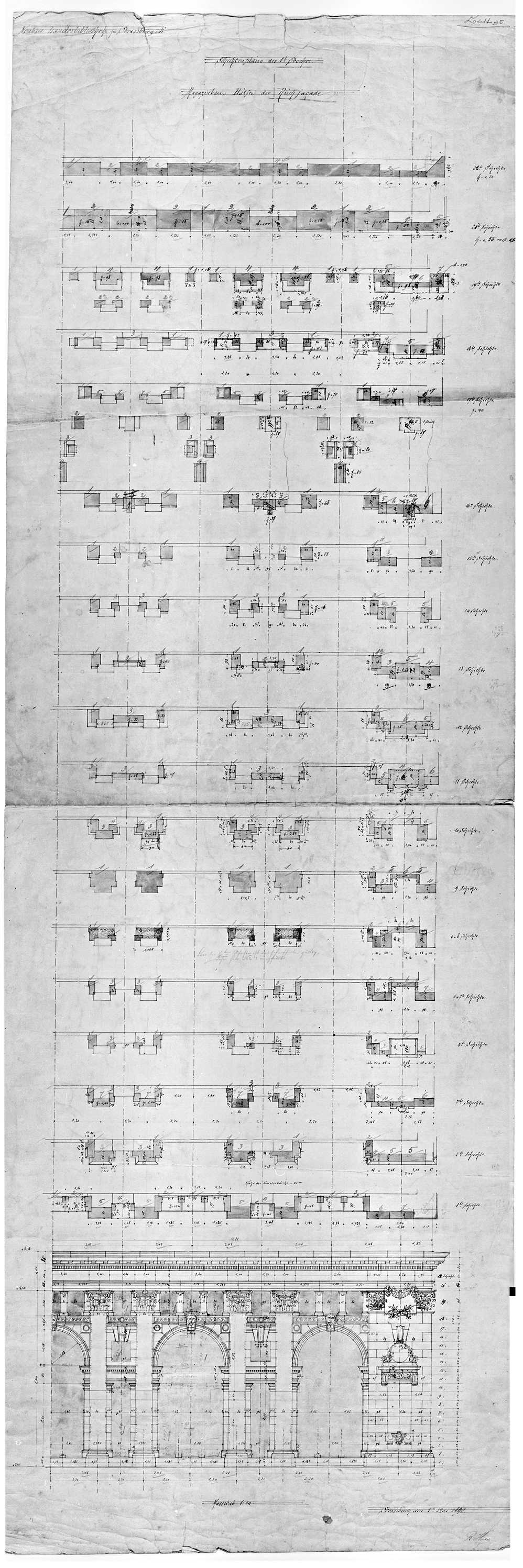 Façade est, plans des couches stratigraphiques et élévation partielle du premier étage.