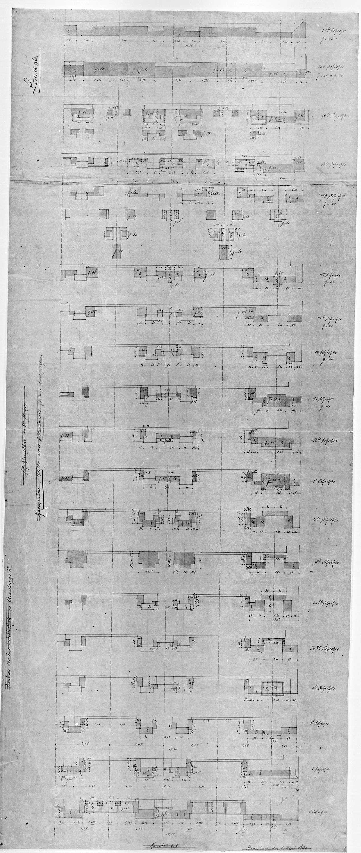 Façade latérale, plans des couches stratigraphiques de la moitié du premier étage.