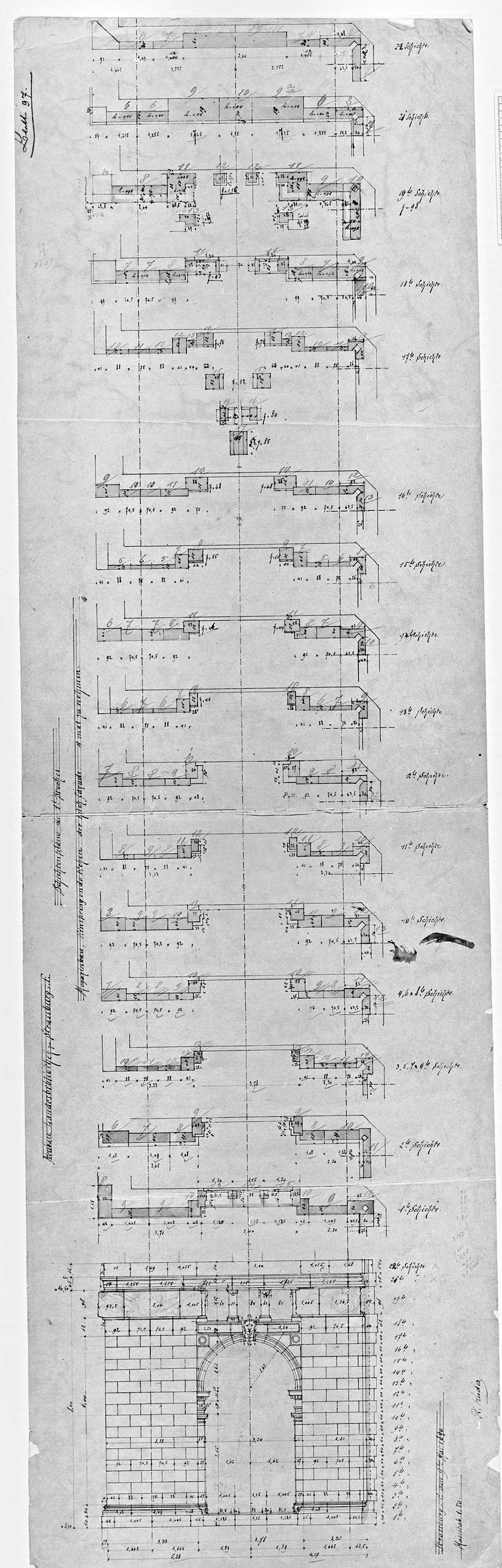 Façade est, plans des couches stratigraphiques et élévation d’une baie du premier étage.