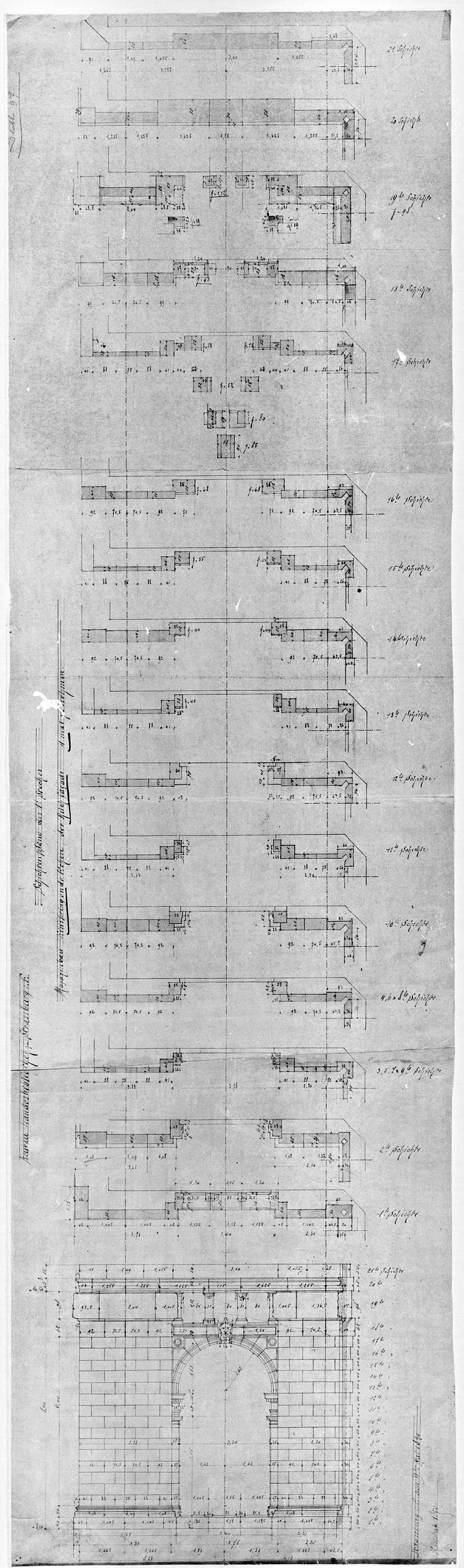 Façade est, plans des couches stratigraphiques et élévation d’une baie du premier étage.