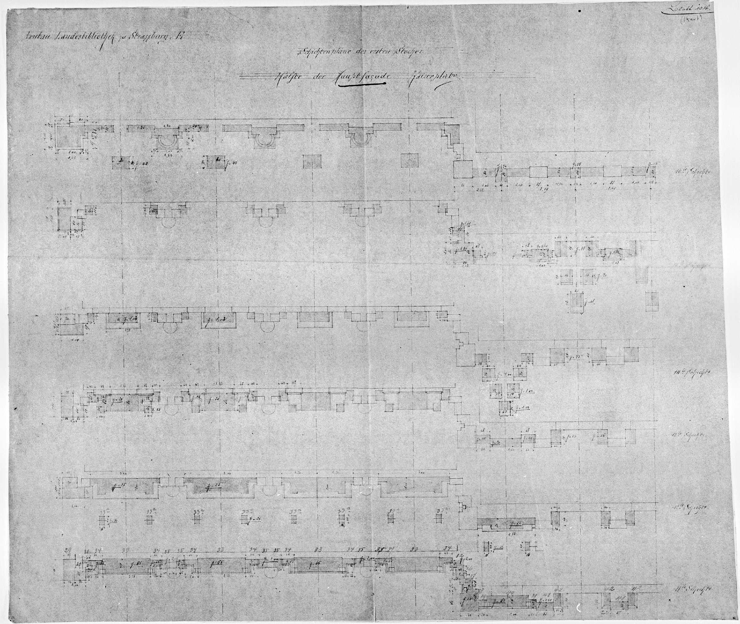 Façade principale, plans des couches stratigraphiques de la partie nord du premier étage.