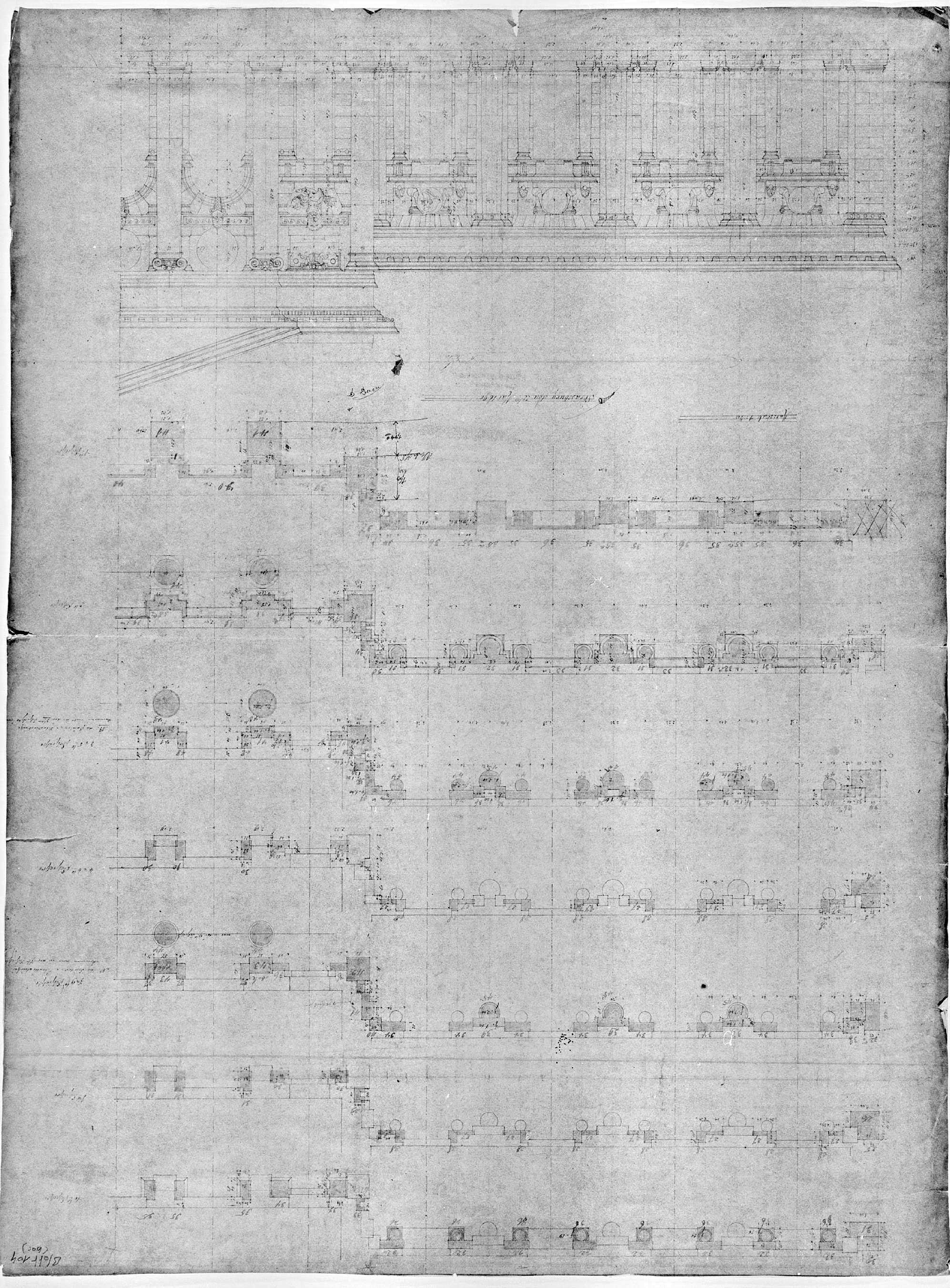 Façade principale, plans des couches stratigraphiques et élévation de la partie nord du premier étage.