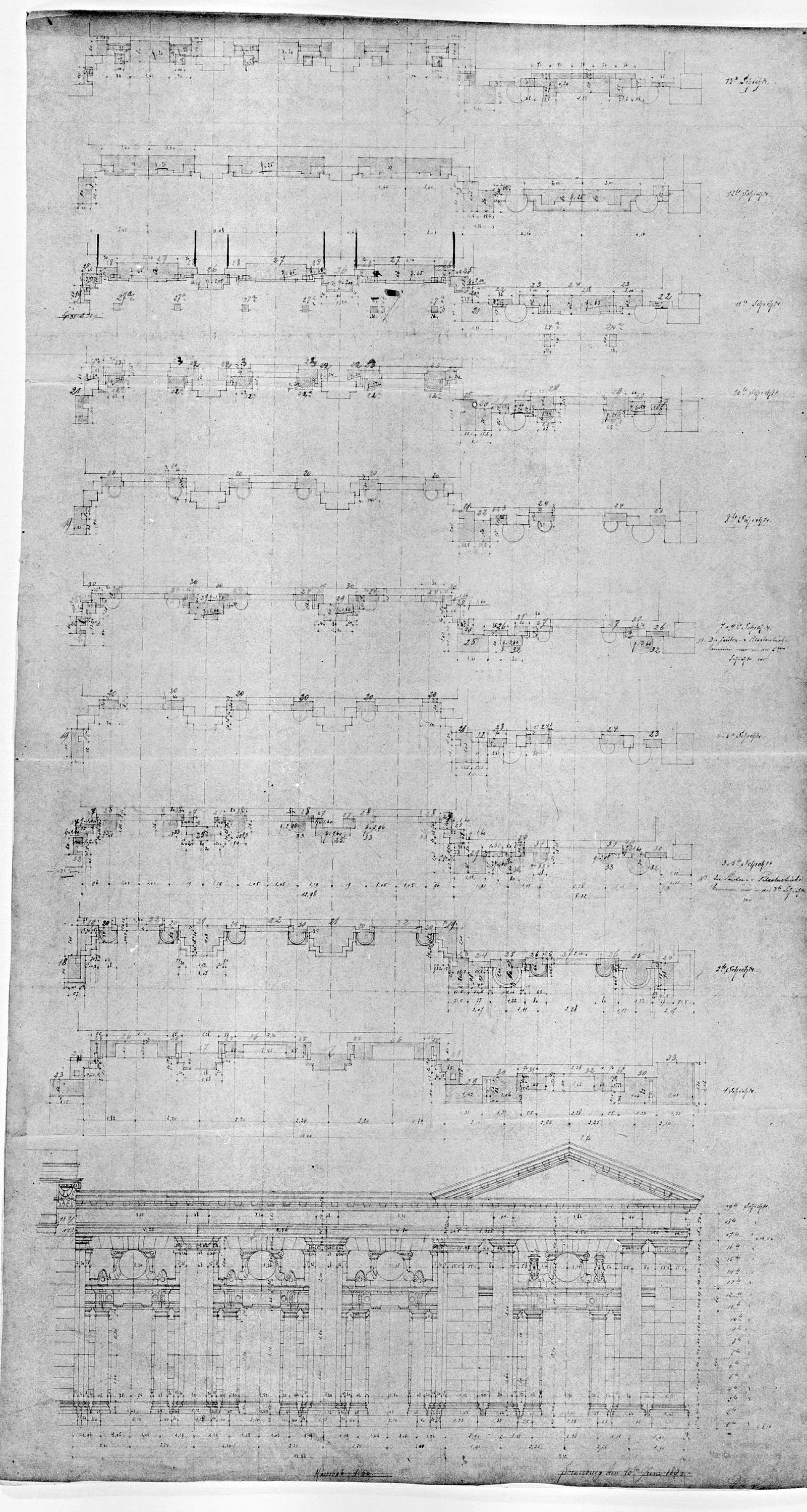 Façade nord, plans des couches stratigraphiques et élévation de la partie ouest du dernier étage.