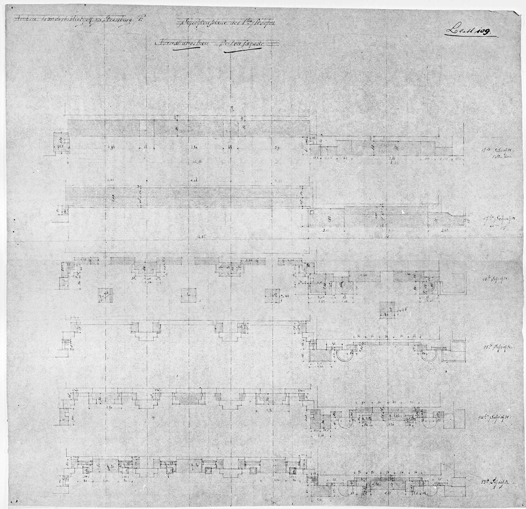 Façade nord, plans des couches stratigraphiques de la partie ouest du dernier étage.