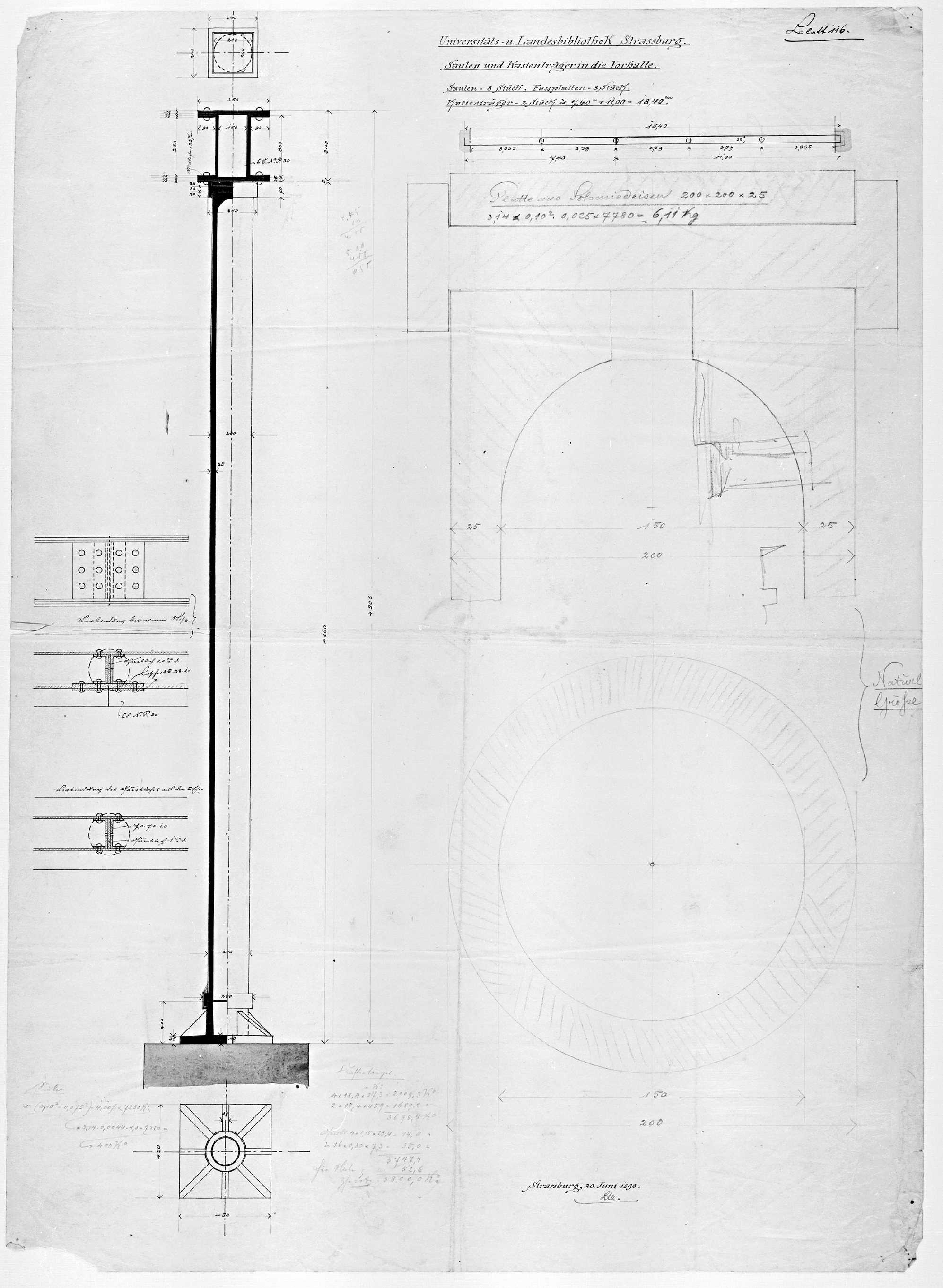 Façade principale, plan, élévations, coupe et détails des colonnes et poutres des arcades.