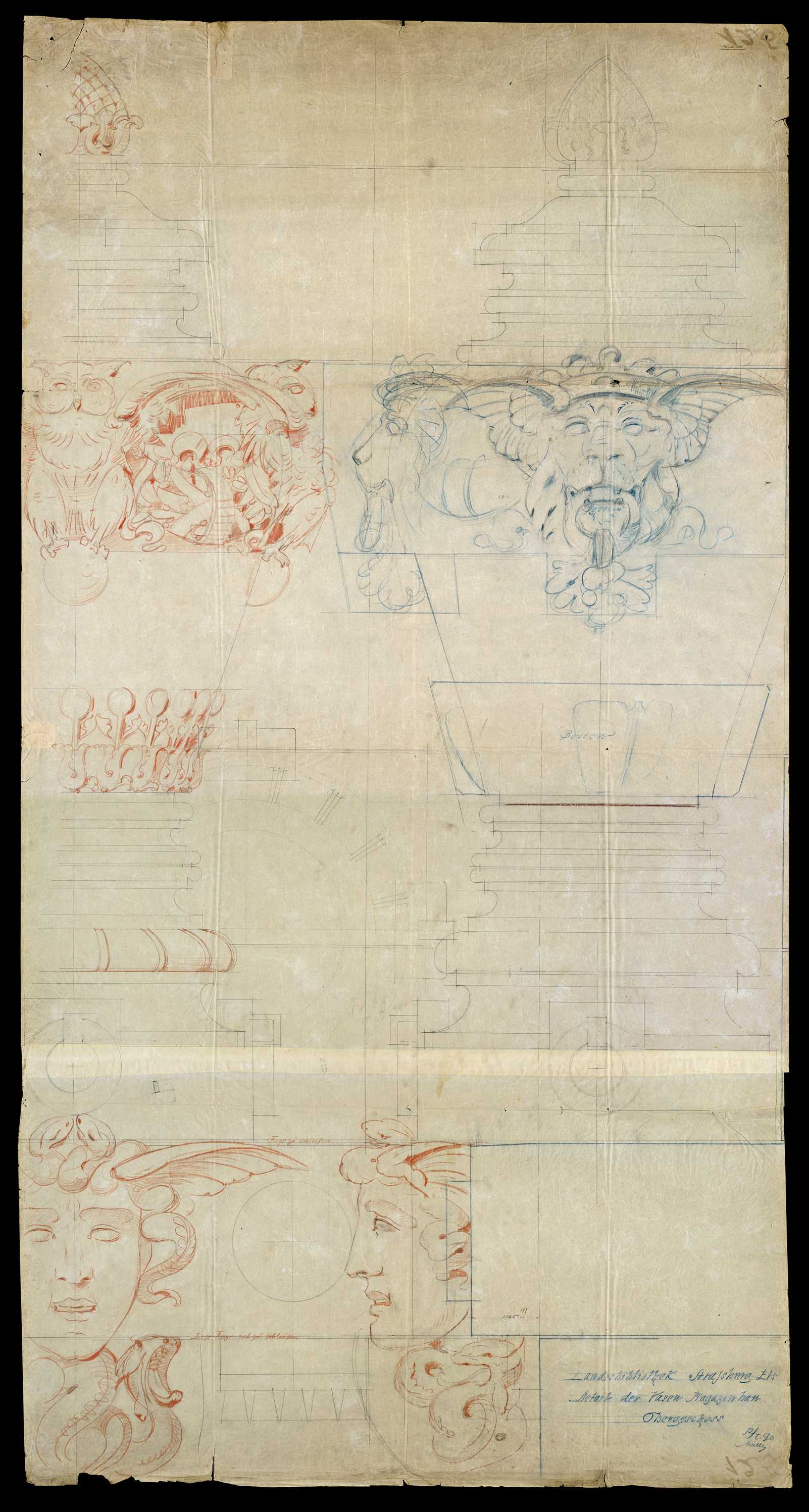 Façades latérales et est, élévations et détails d’un vase décoratif.