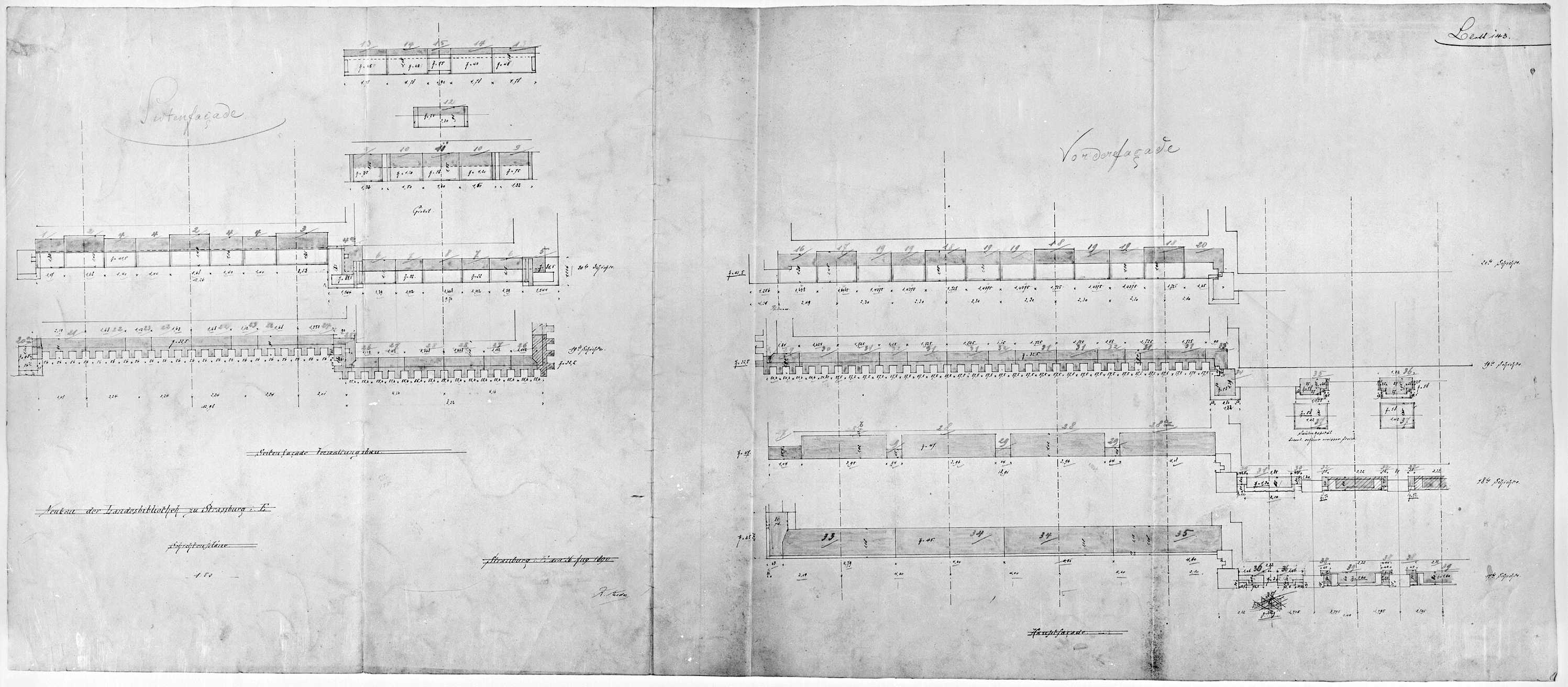 Façades principale et latérales, plans des couches stratigraphiques de la corniche.