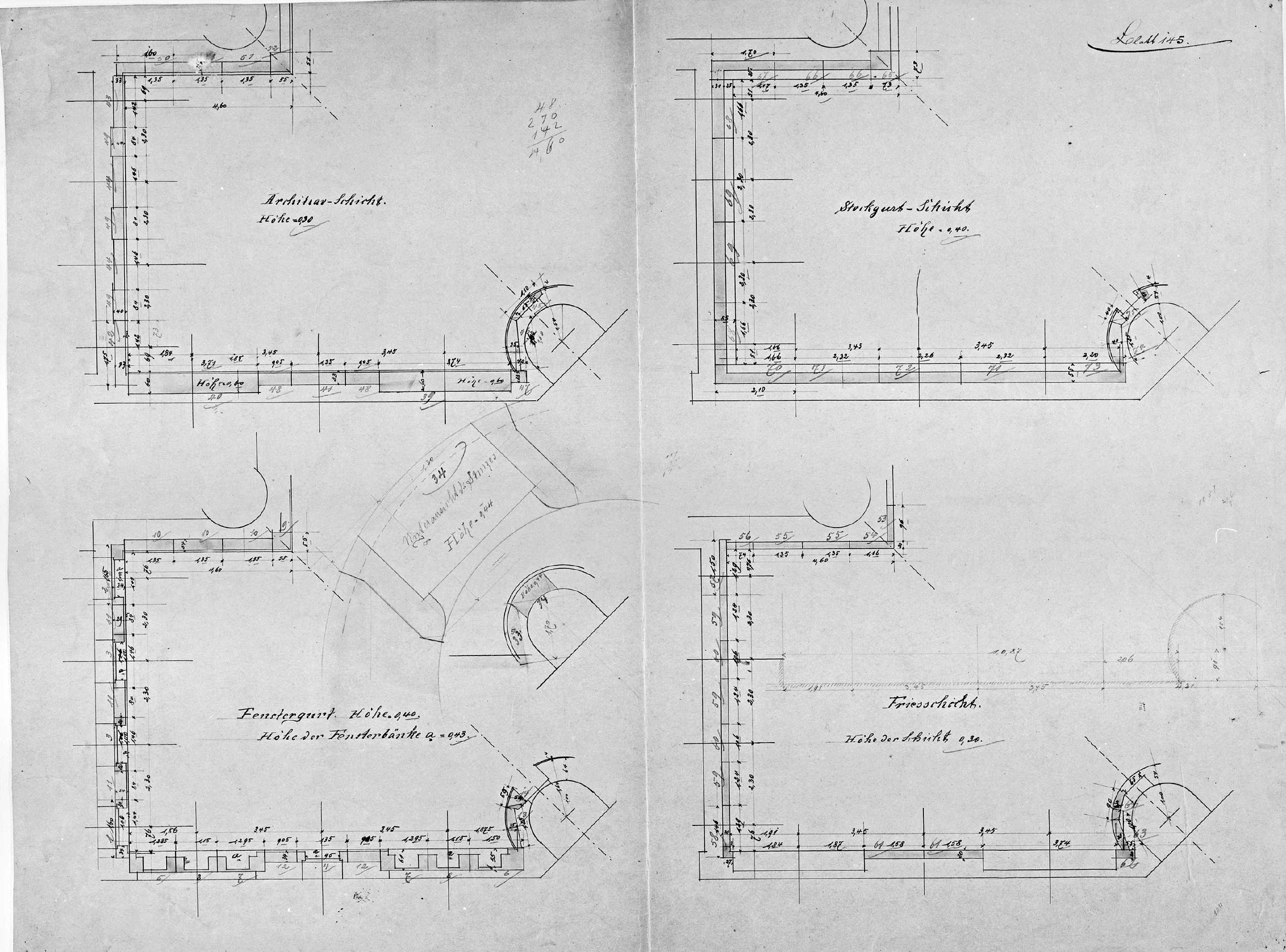 Architrave, corniche, linteau et frise, plans des couches stratigraphiques.