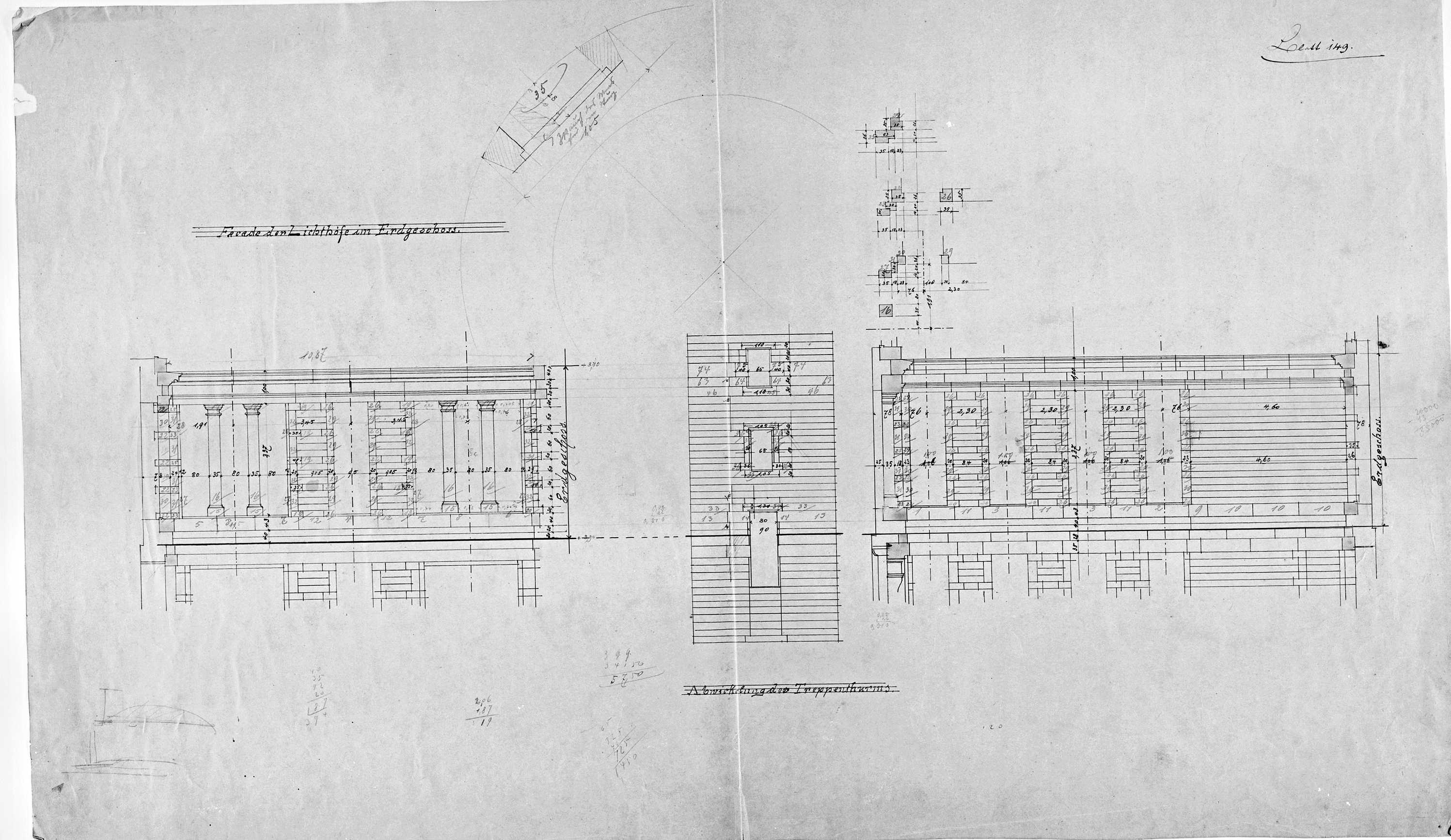 Façade et tour d’escalier, élévations et détails.