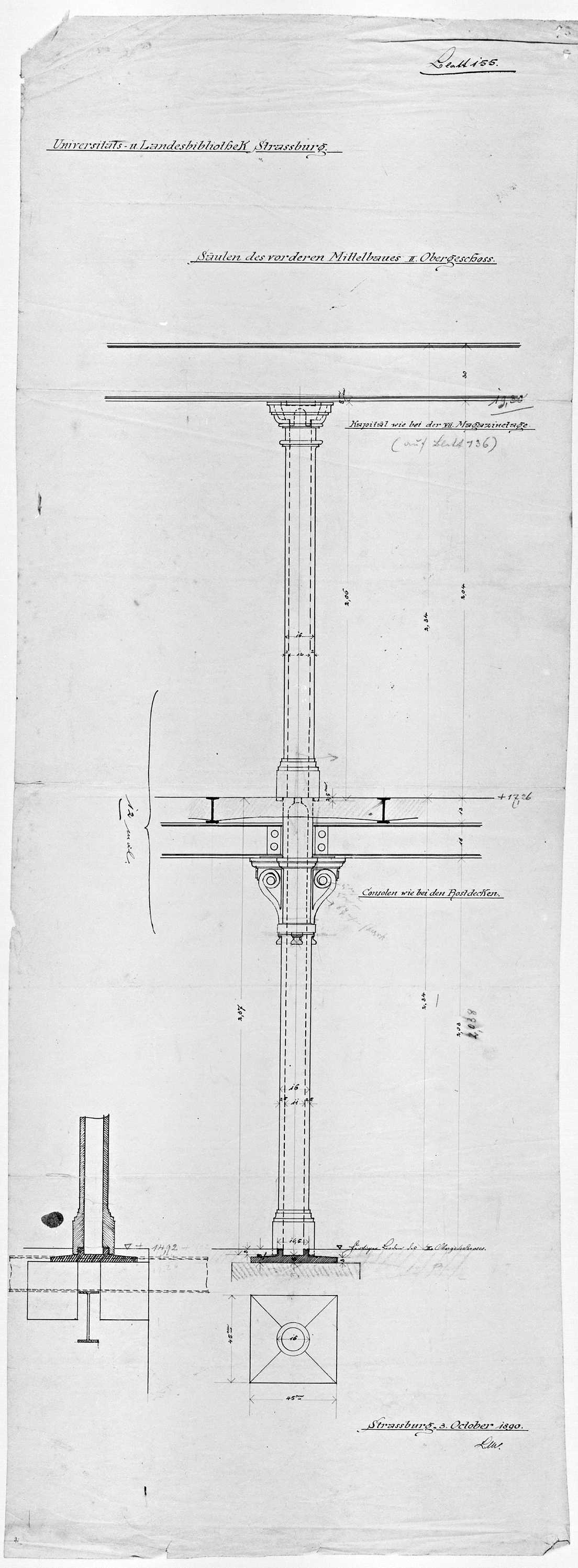 Colonne du deuxième étage du bâtiment intermédiaire, plan, élévation et coupe.