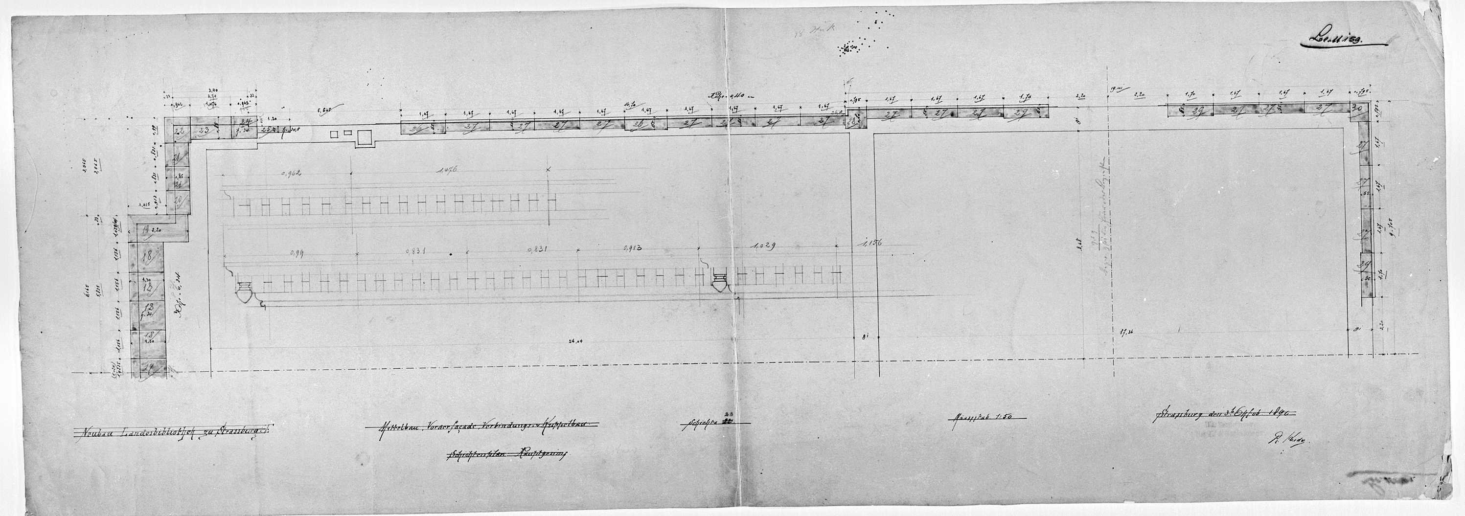 Projet de construction, plan des couches stratigraphiques et élévations de la corniche.