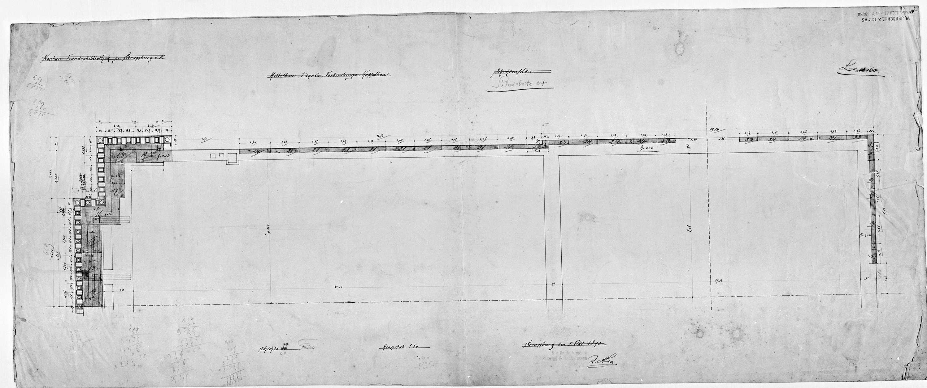 Projet de construction, plan des couches stratigraphiques et élévations de la corniche.