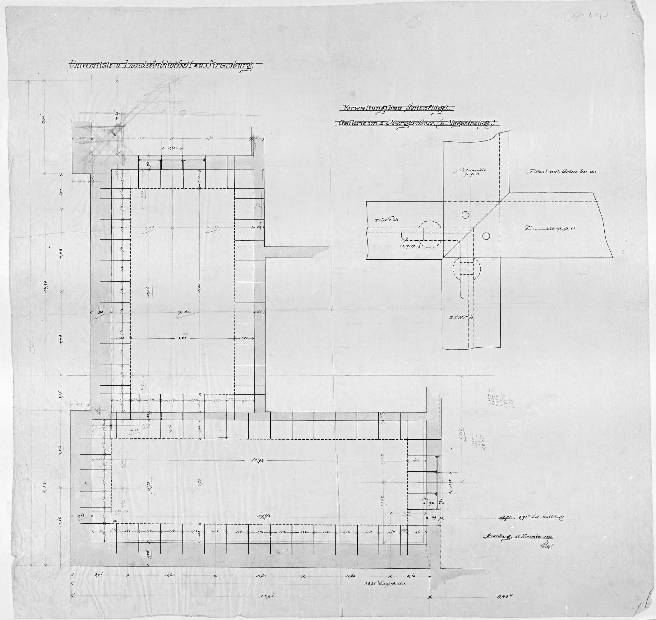 Aile latérale, plan et détail de la galerie du deuxième étage.