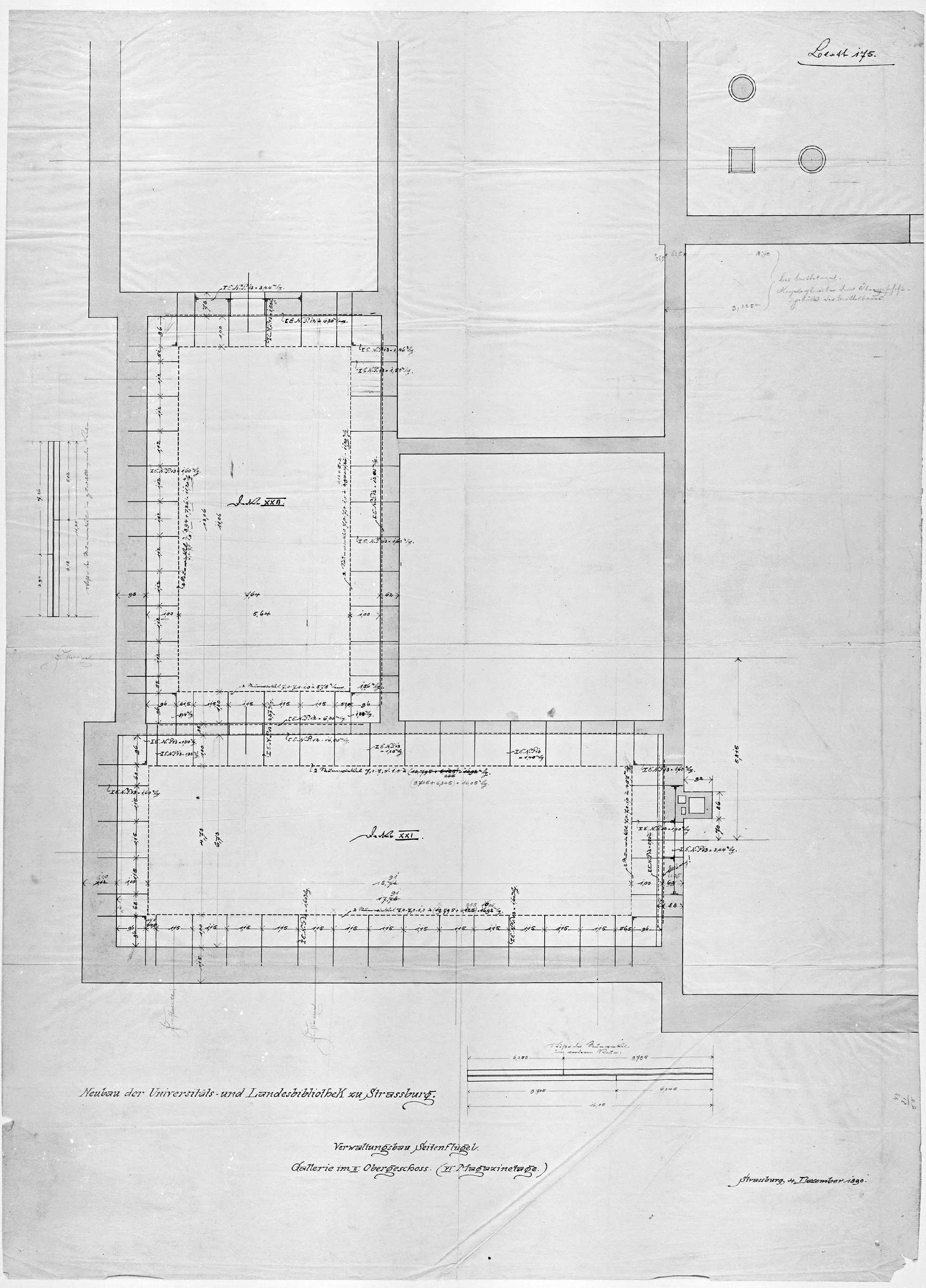 Aile latérale, plan et détail de la galerie du deuxième étage.