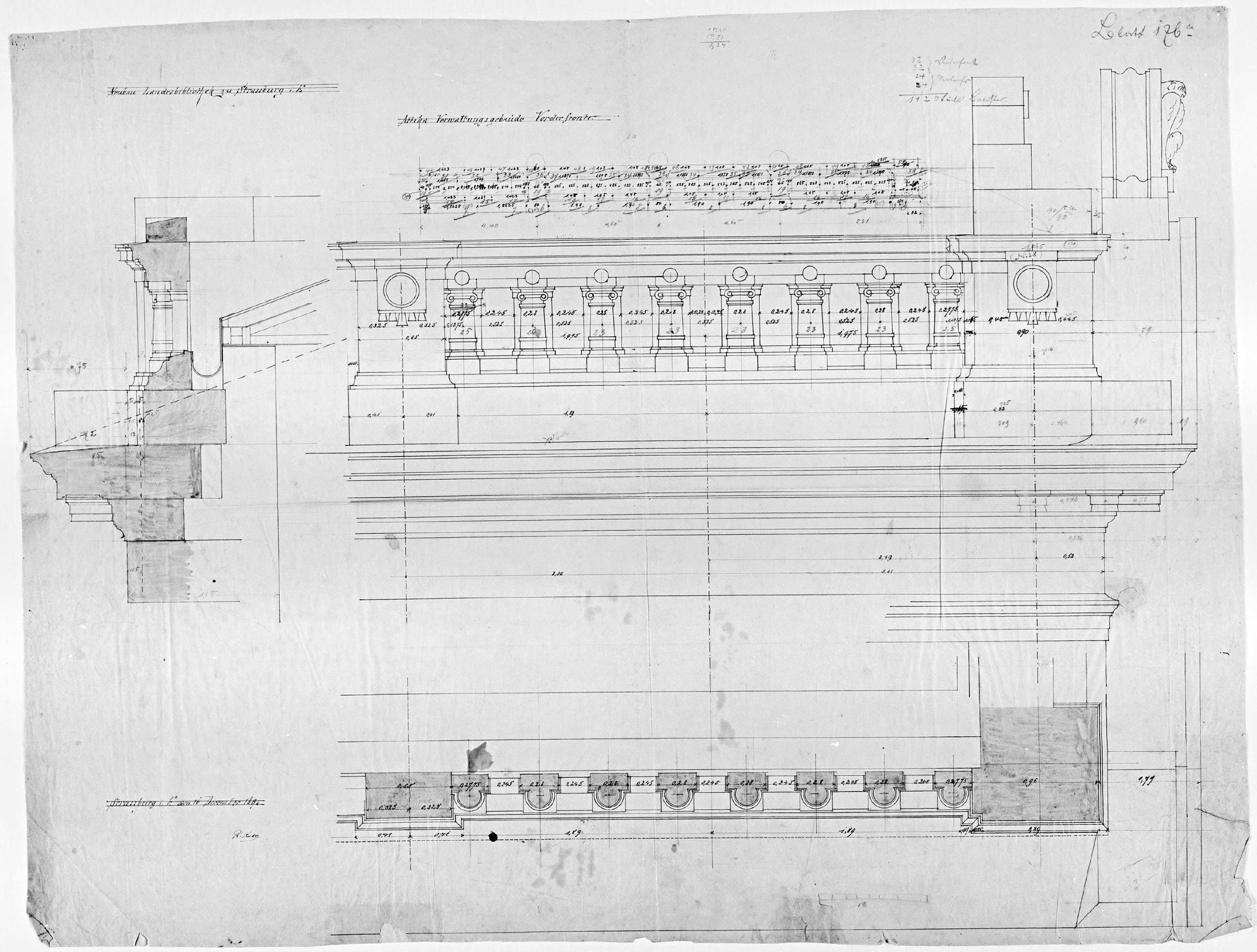 Façade principale, plan, élévation et coupe de la partie droite de l’attique.