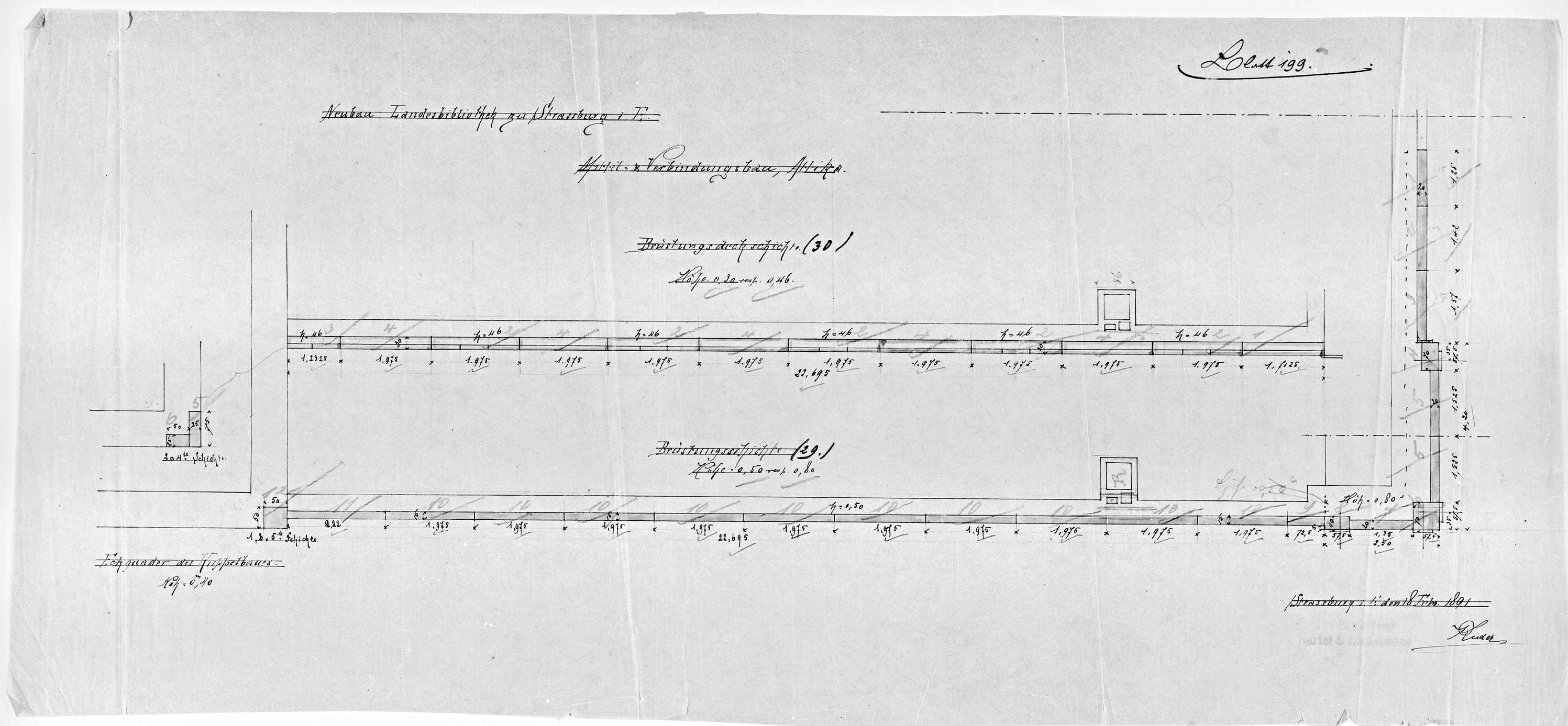 Bâtiment de liaison, plans en couche stratigraphique du parapet de l’attique et de l’angle du dôme.