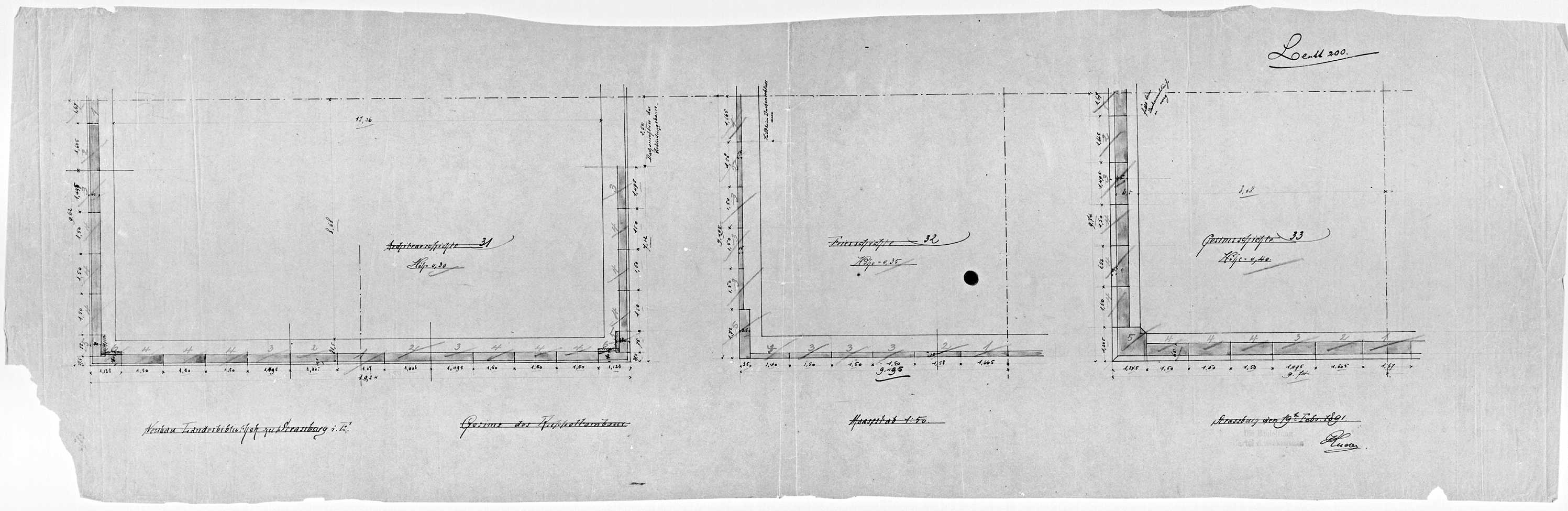 Coupole, plans des couches stratigraphiques de l’architrave, la frise, et la corniche.