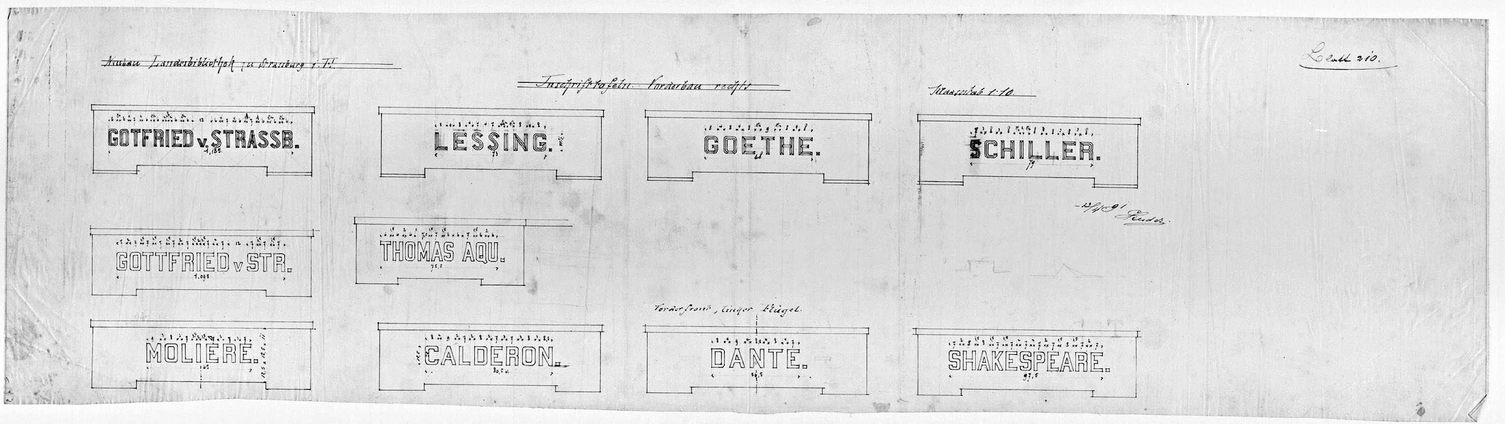 Façade principale, détails des inscriptions des médaillons.