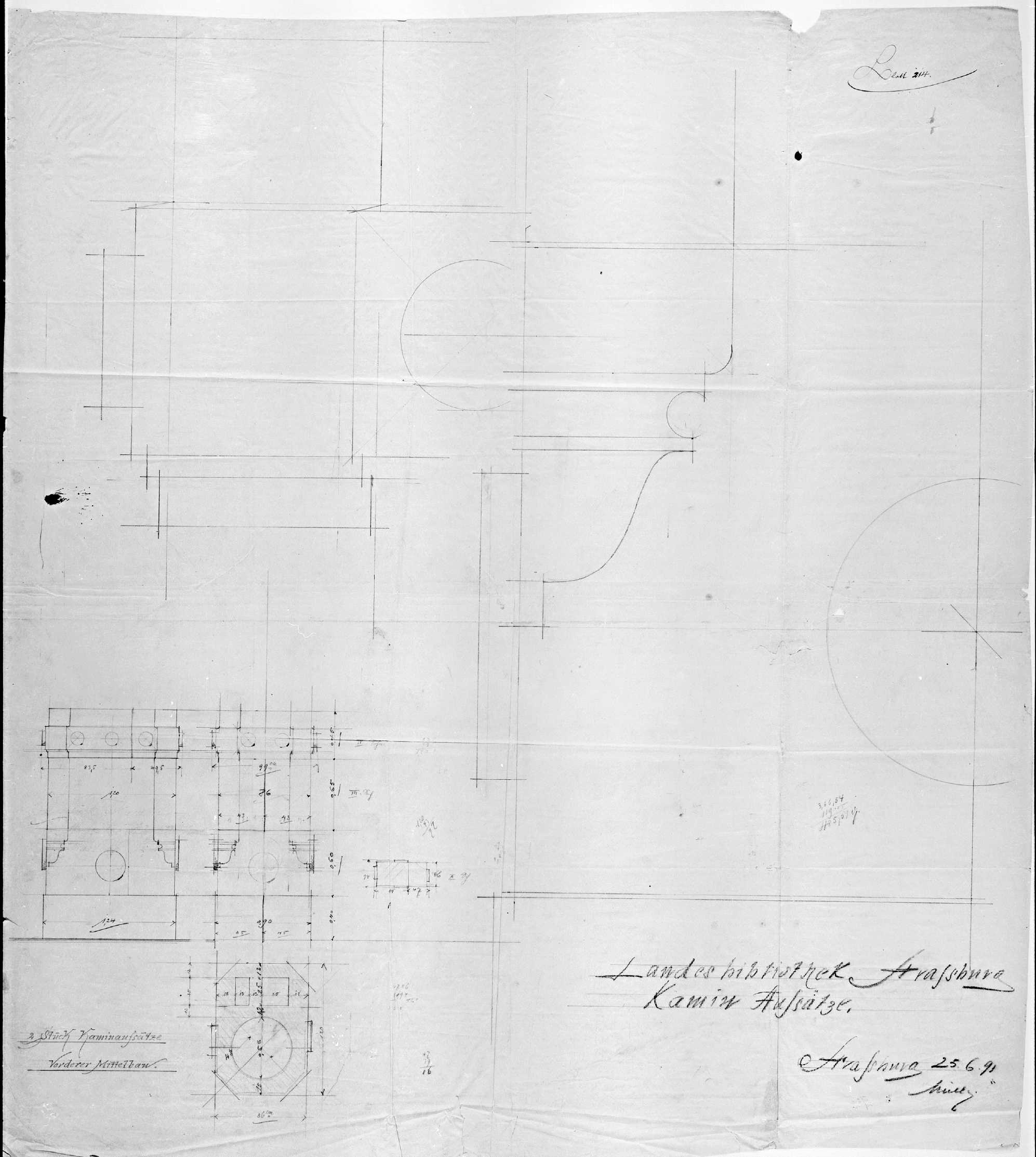 Cheminée, plan, élévations et détails.