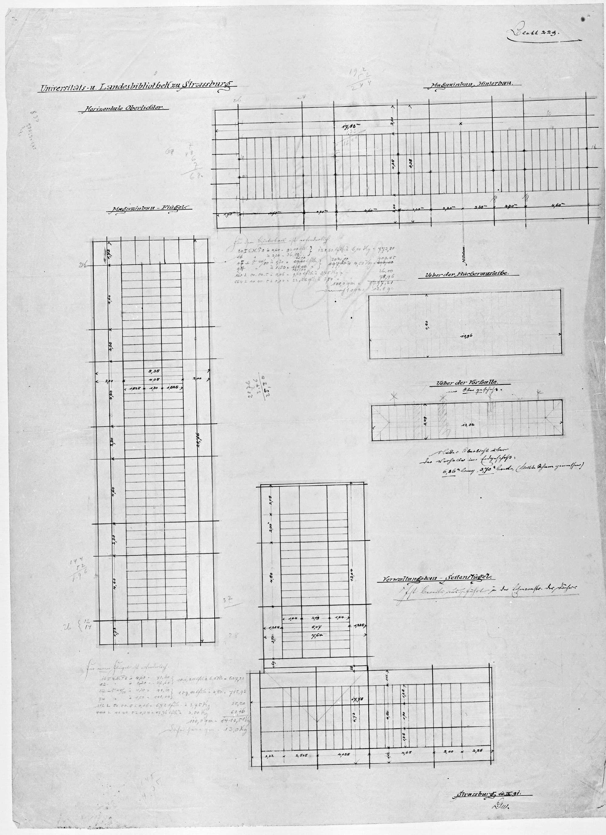 Magasins de la salle de prêt, du hall et de l’aile latérale, plans des lucarnes.